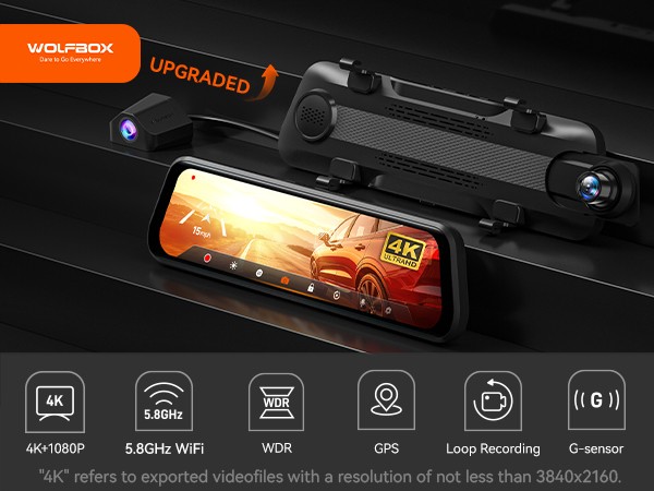 WOLFBOX G930 10″ Touch Screen 4K Mirror Dash Cam Front and Rear With 32GB & GPS
