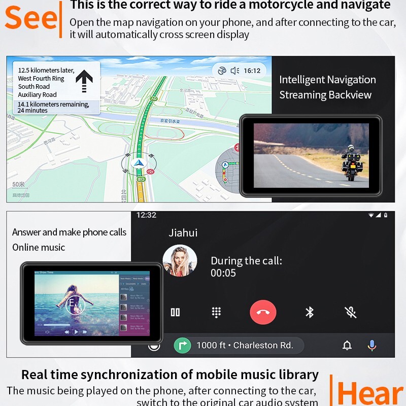 5Inch Motorcycle Dash Cam GPS Wifi Wireless Carplay Android Auto IPX67 With TPMS