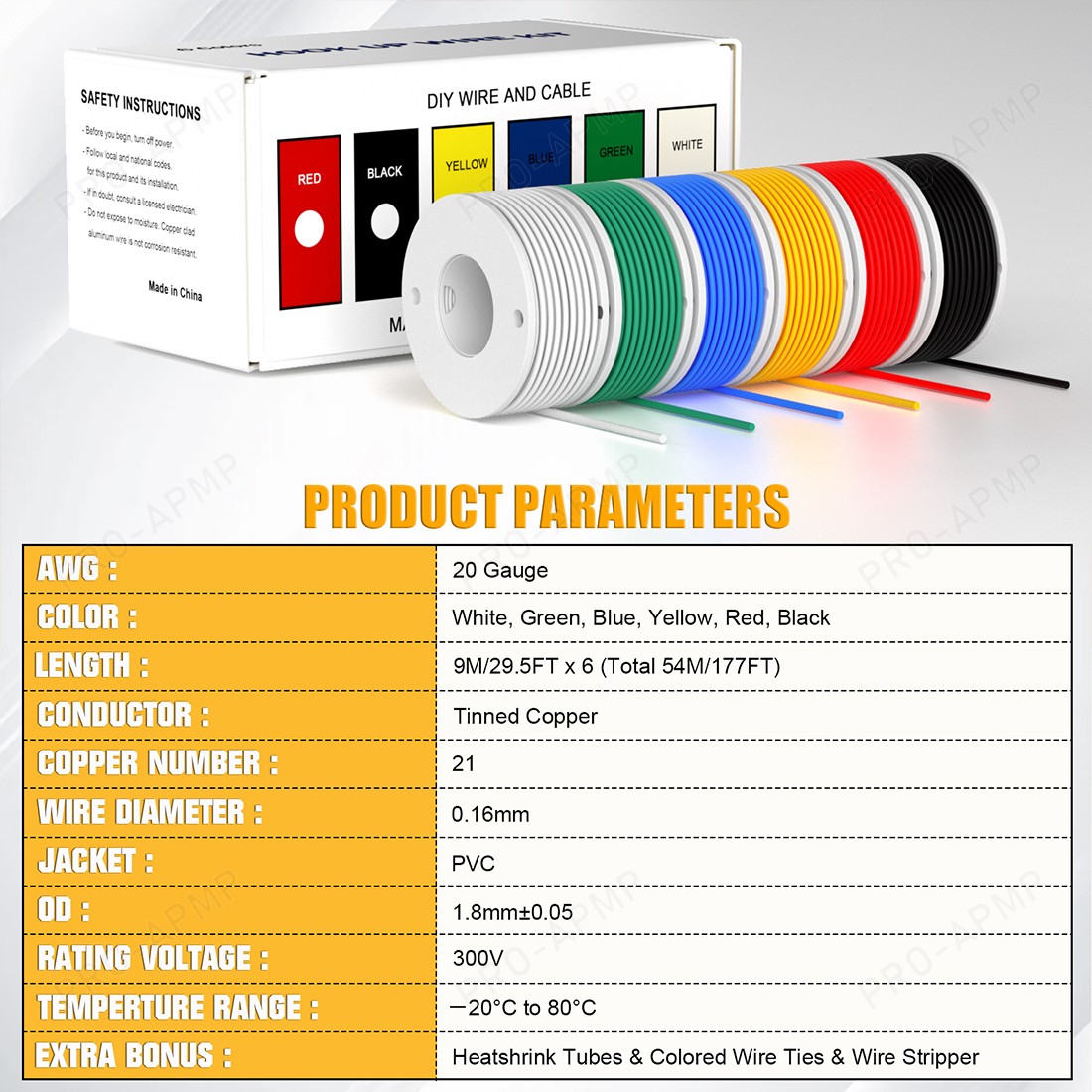 20 AWG PVC Hook-Up Wire 6 Colors 29.5ft, Stranded Tinned Copper Flexible Cable