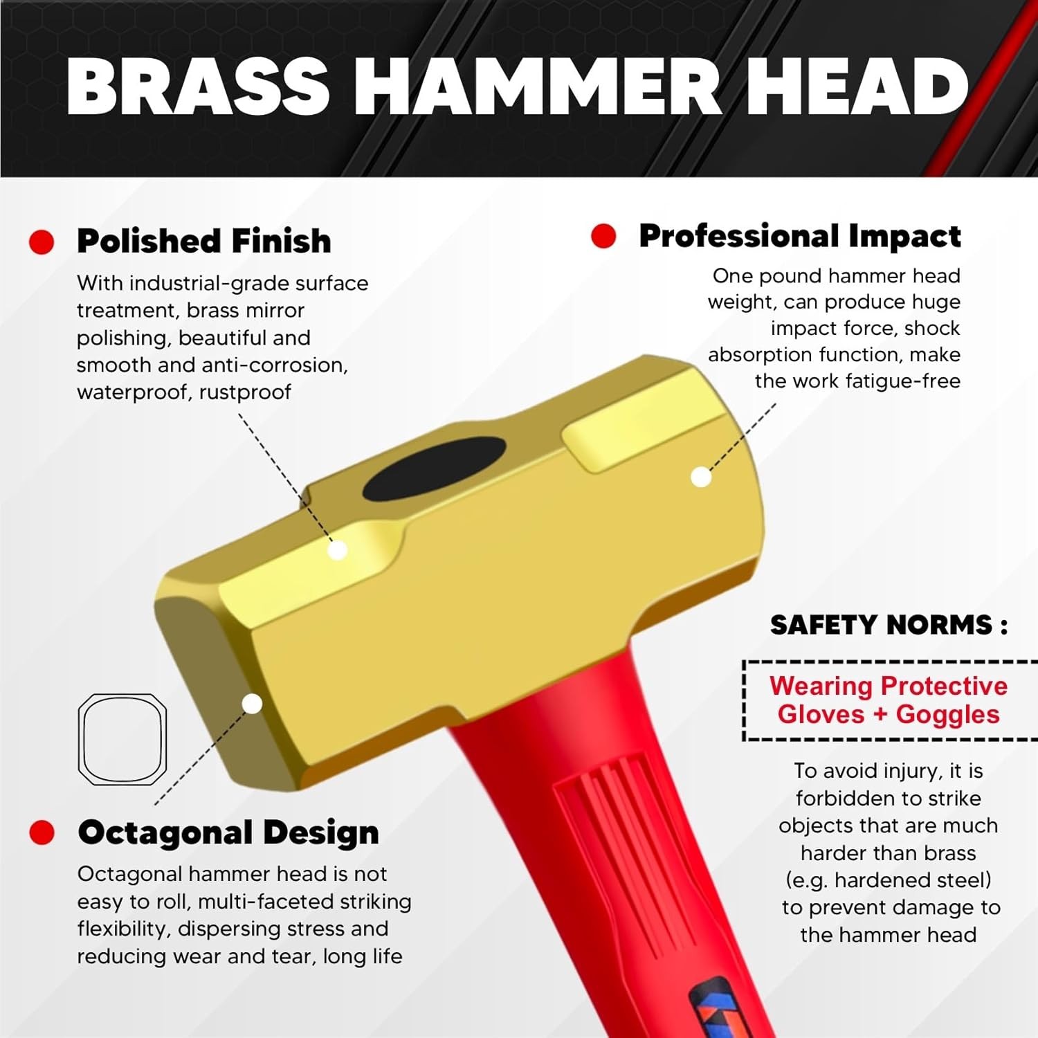 C&T 3lb Brass Sledge Hammer,Non-Sparking,Comfortable Fiberglass 3LB
