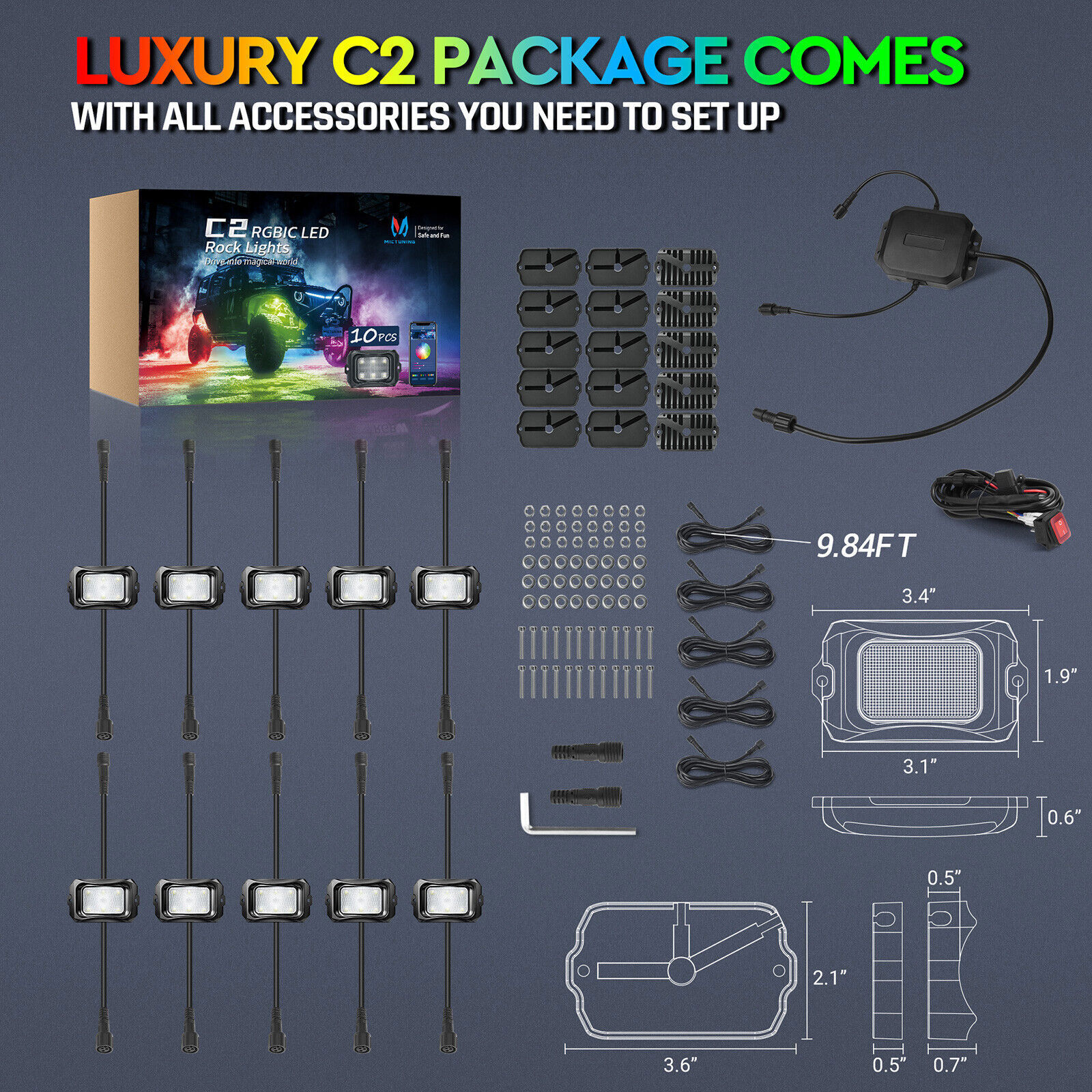 Complete MICTUNING 10-Pod Rock Light Kit Multi-Color App Control for Underglow