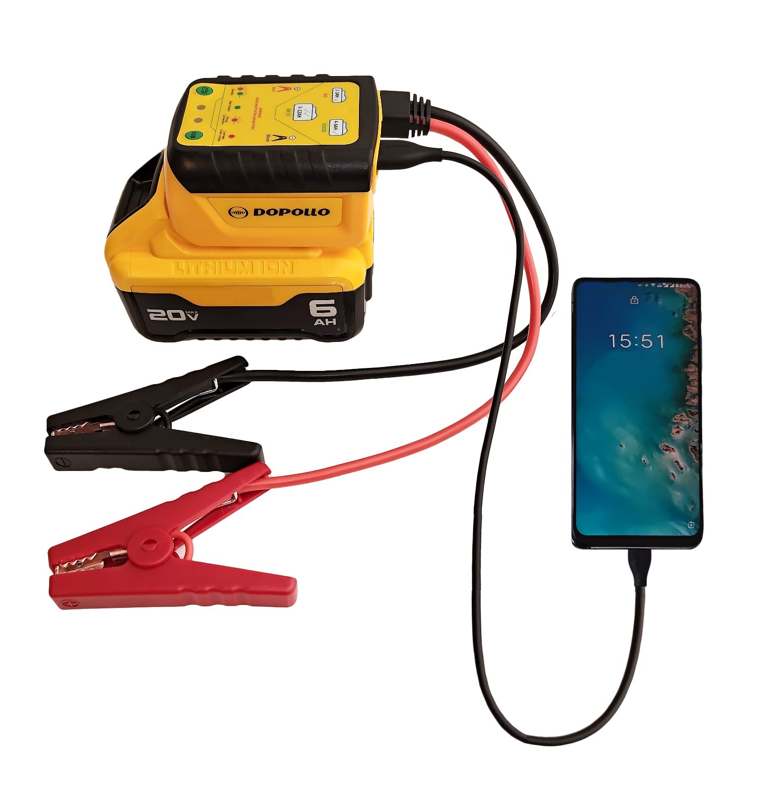 Dopollo Multi Starter, DJS20-DEW, Dewalt 20V or 60V Battery Jump Start Adapter