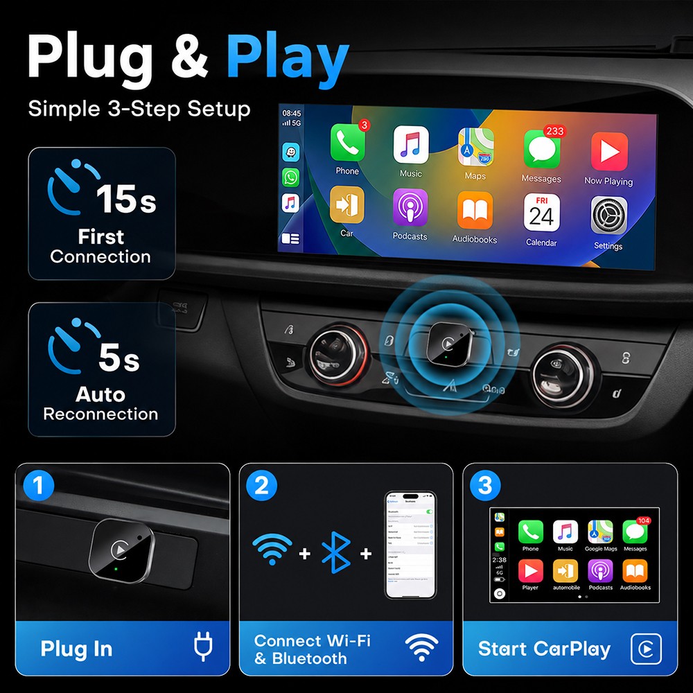 2-in-1 Wired to Wireless CarPlay & Android Auto Adapter USB Dongle Plug & Play