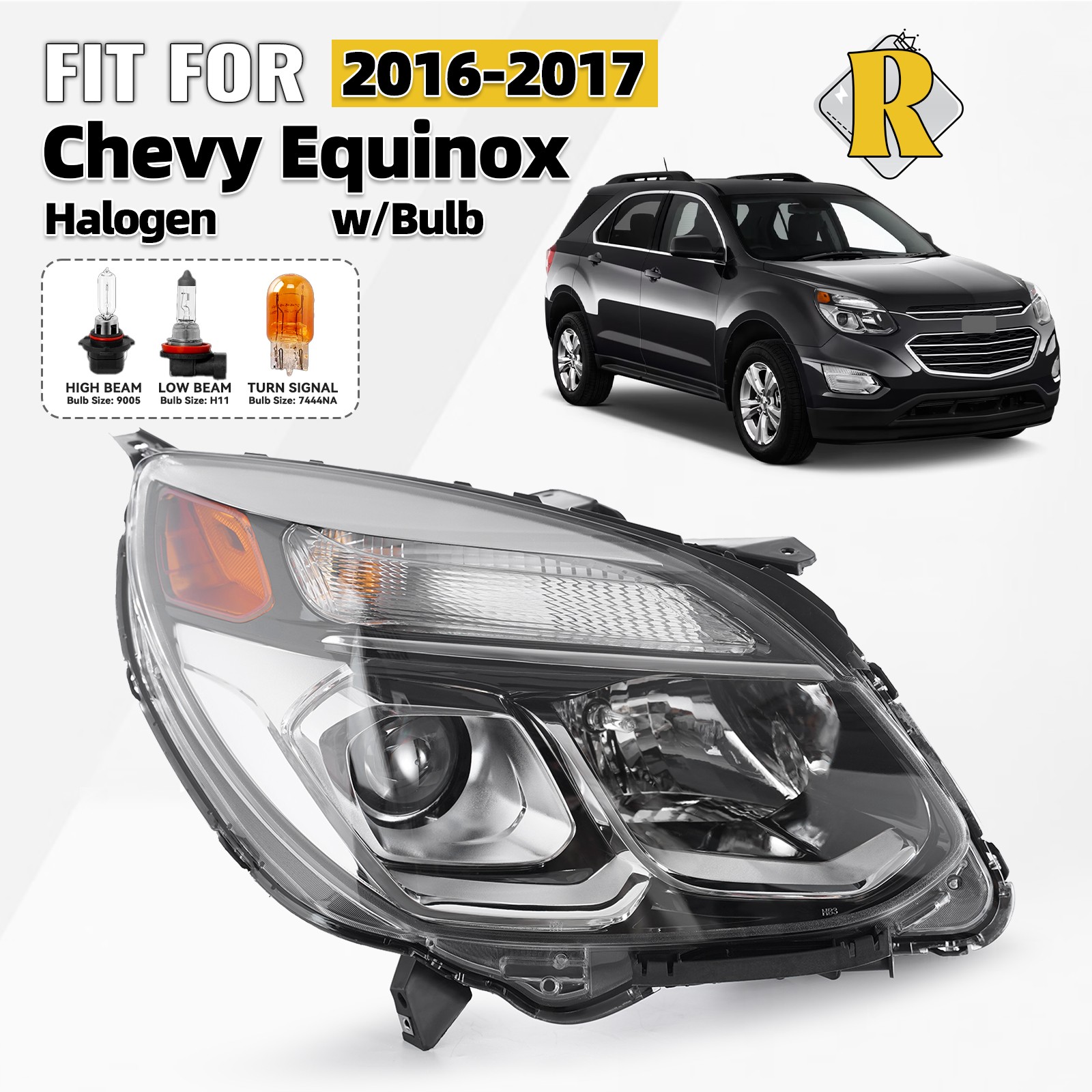 For 2016 2017 Chevrolet Equinox Halogen Headlight W/ Bulb Chrome Right Passenger