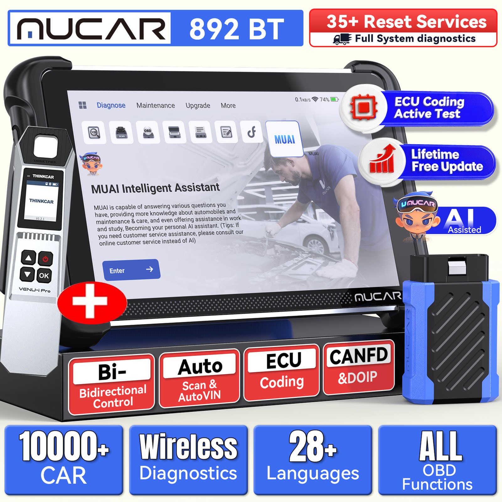 MUCAR 892BT TPMS OBD2 Scanner Diagnostic Tool Bidirectional ECU Coding 35+ Reset