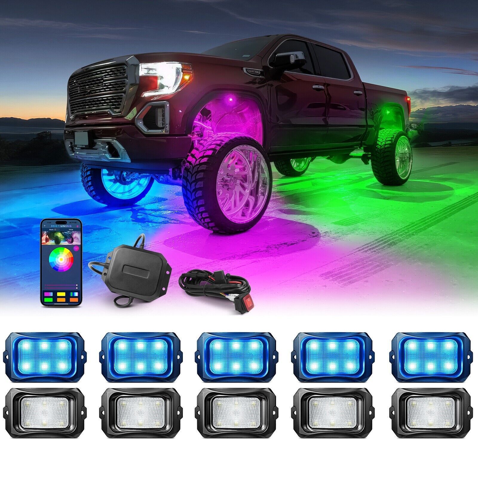Complete MICTUNING 10-Pod Rock Light Kit Multi-Color App Control for Underglow