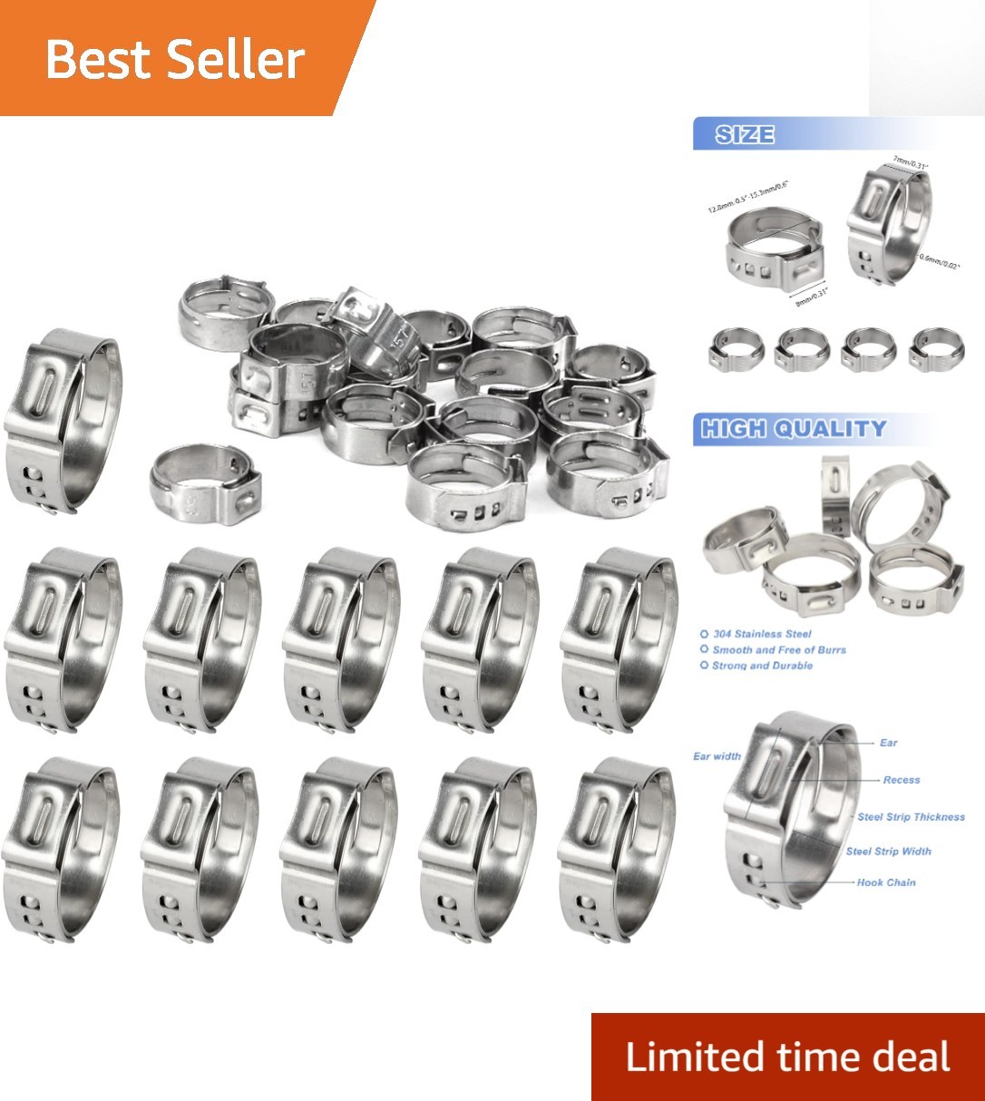 55Pcs 12.8-15.3mm Stainless Steel Stepless Hose Clamps for Automotive & Plumbing