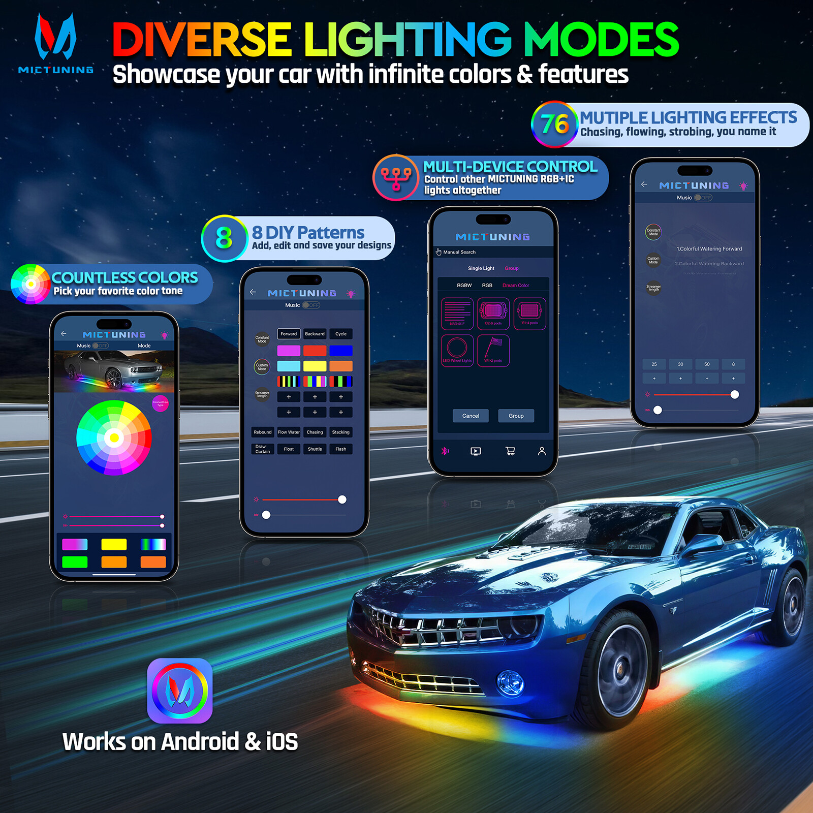 Bluetooth 8PCS RGB Car LED Underglow Lights Strip Dream Color Chasing Lights Kit