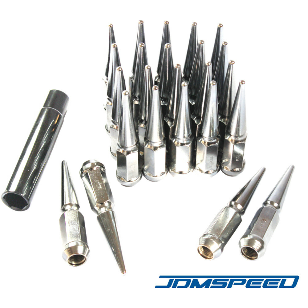 24 PCS Chrome Spike Lug Nuts 14×1.5 For Chevy Silverado Tahoe 4.4″ Tall w/ Key