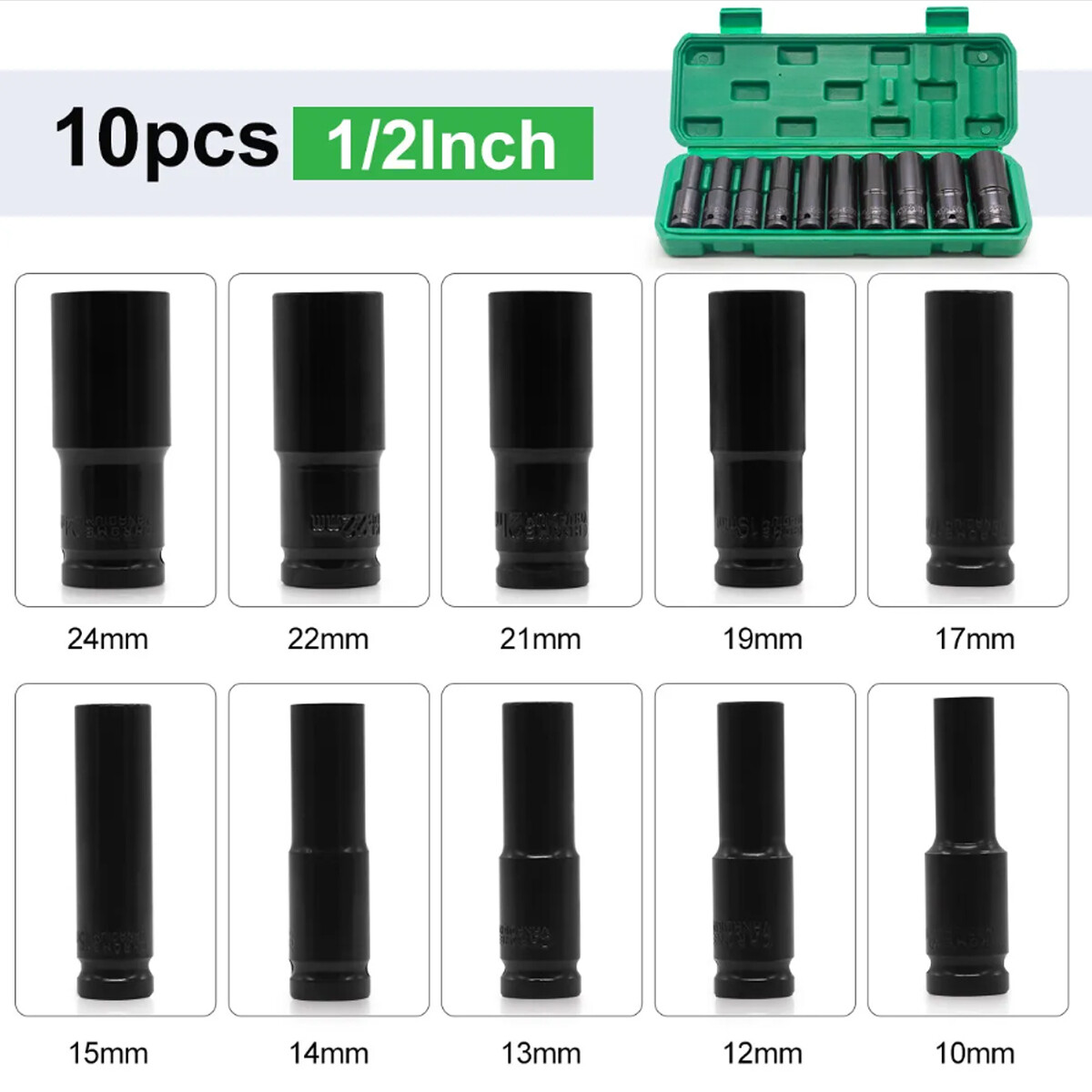 10PCS 1/2″ Deep Impact Socket Set Drive 6 Point Metric Garage Tool 10 – 24mm USA
