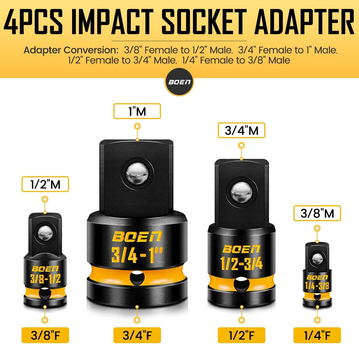 BOEN 8-Piece Impact Socket Adapter & Reducer Set, 1/4, 3/8, 1/2″, 3/4″, Cr-Mo