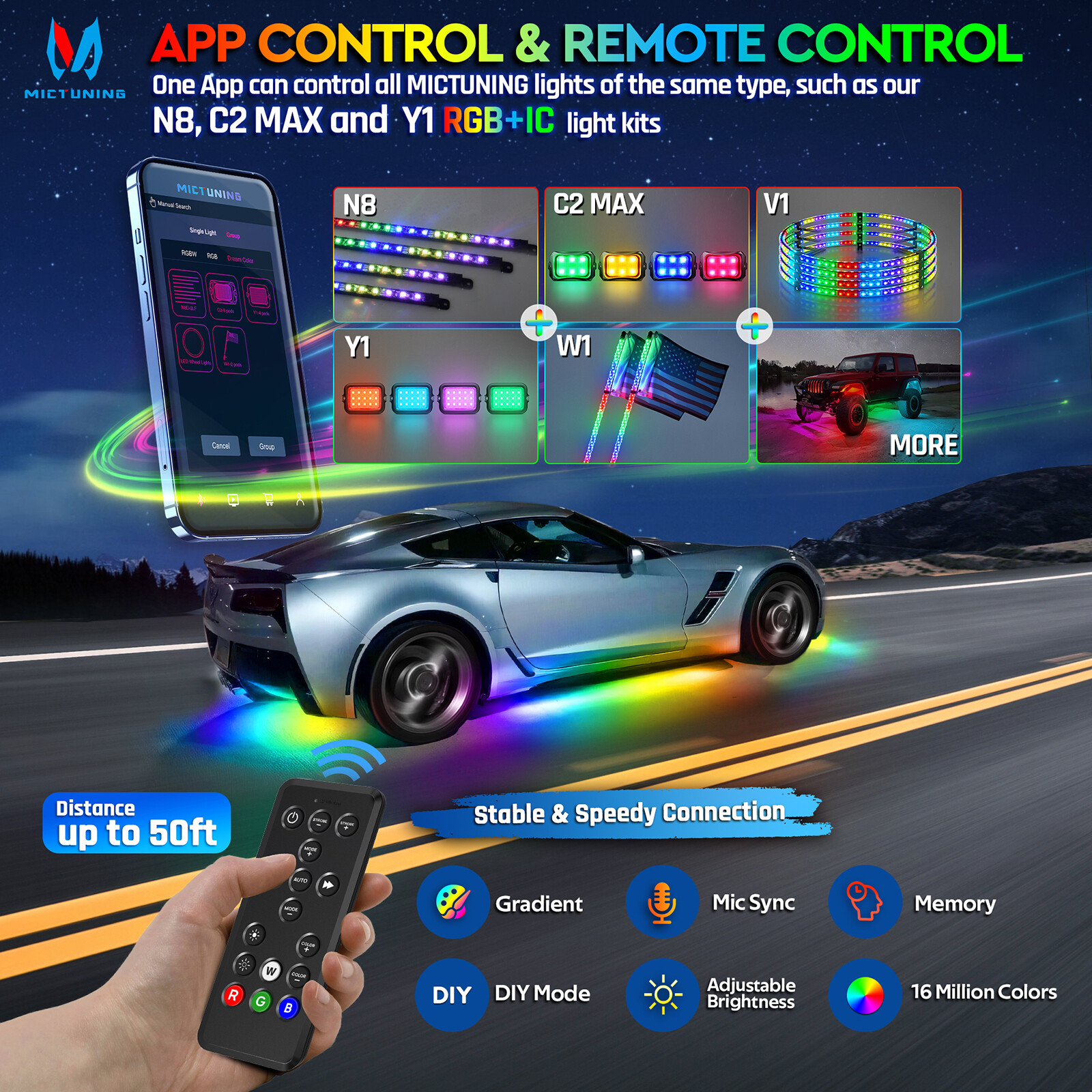 Bluetooth 8PCS RGB Car LED Underglow Lights Strip Dream Color Chasing Lights Kit