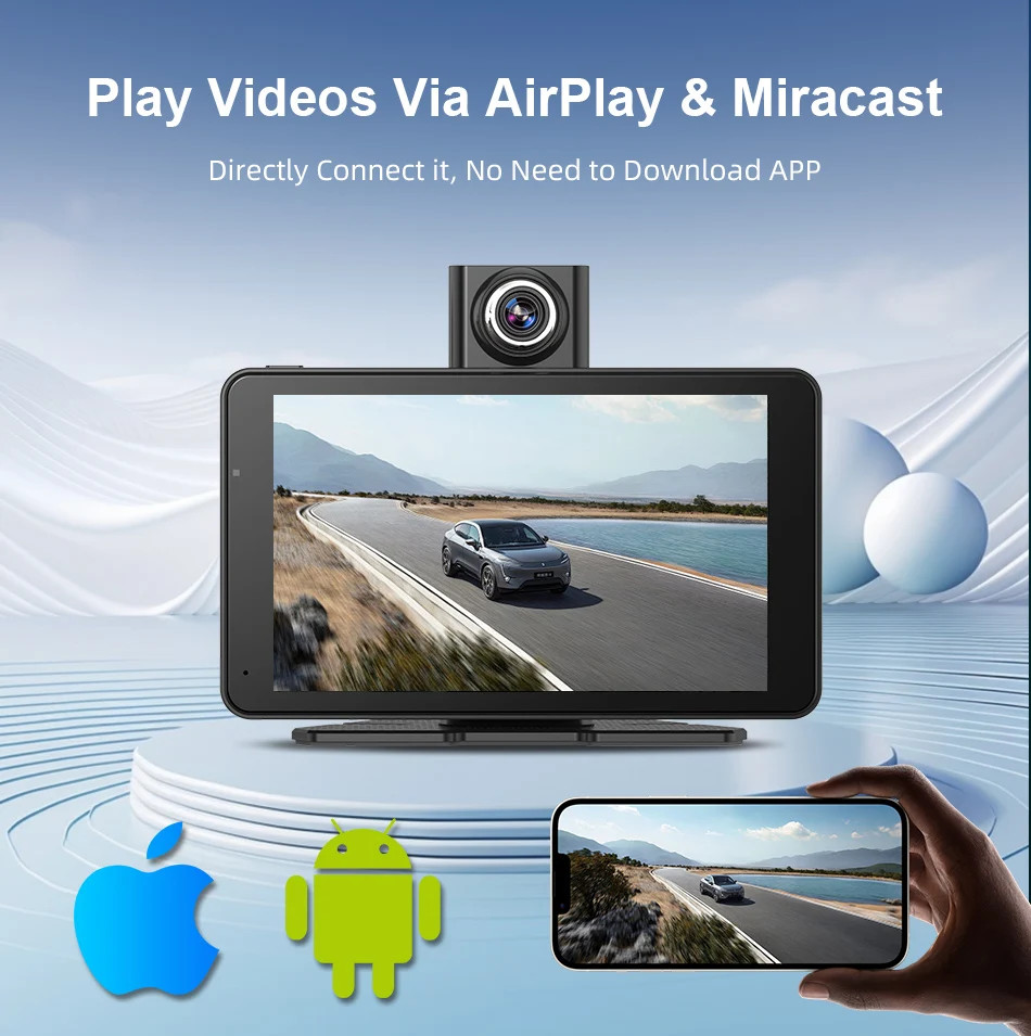 7″ Dash Cam 2.5K DVR Rearview Camera Wireless Carplay&Android GPS Navigation