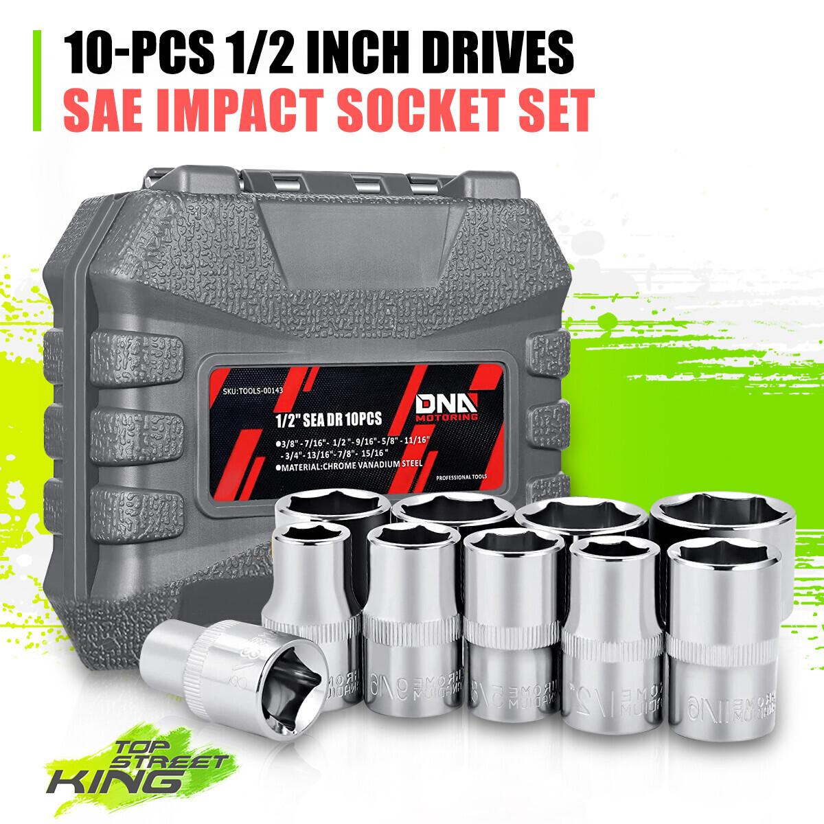 10Pcs 1/2-Inch Chrome Vanadium Steel Drive SAE Impact Socket Set w/Storage Case