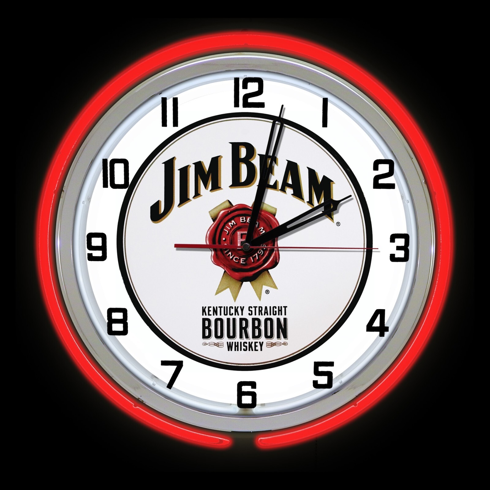 15″ Jim Beam Bourbon Sign Neon Clock, Two Neon Tubes, Red Outside Tube