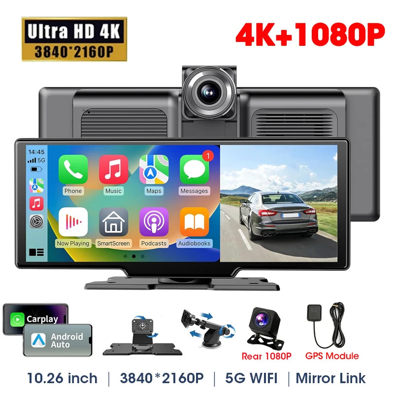 10.26 inch Dash Cam 4K Car DVR Wireless Carplay Android Auto GPS Navigation