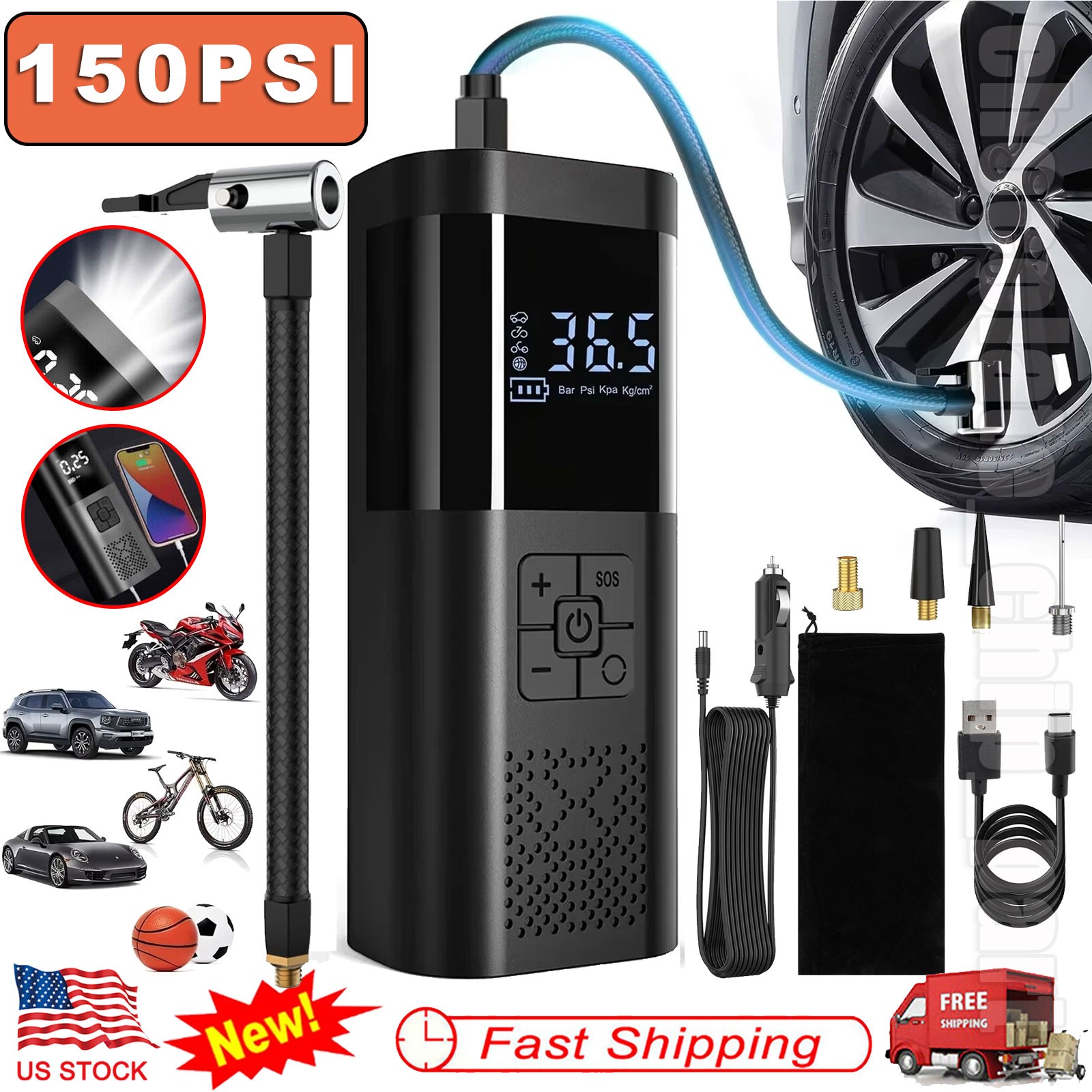 Portable Air Pump Tire Inflator Air Compressor for Car Tires Cordless 150PSI US