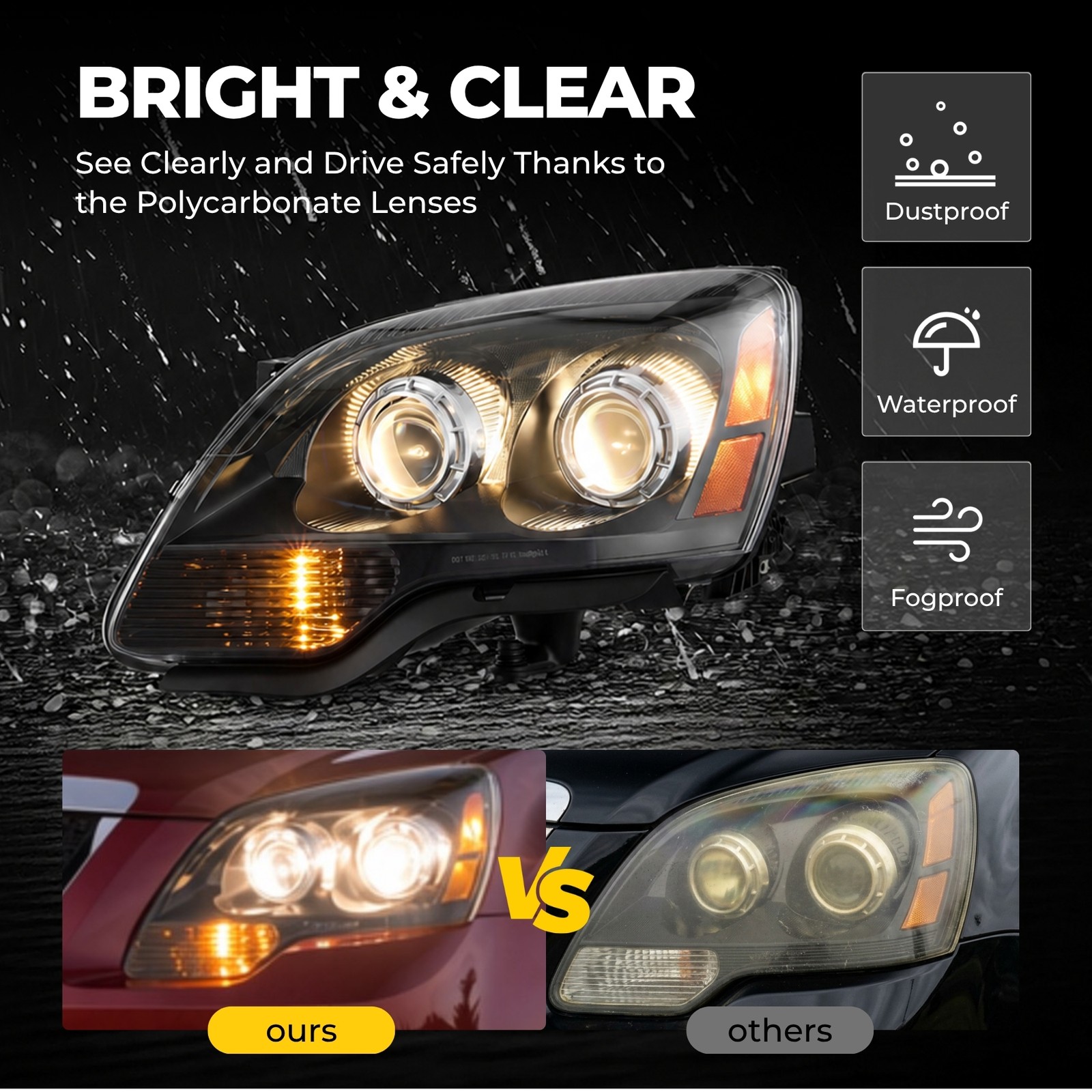 VRC Black Amber Projector Headlights for 2007-2012 GMC Acadia Left & Right Side