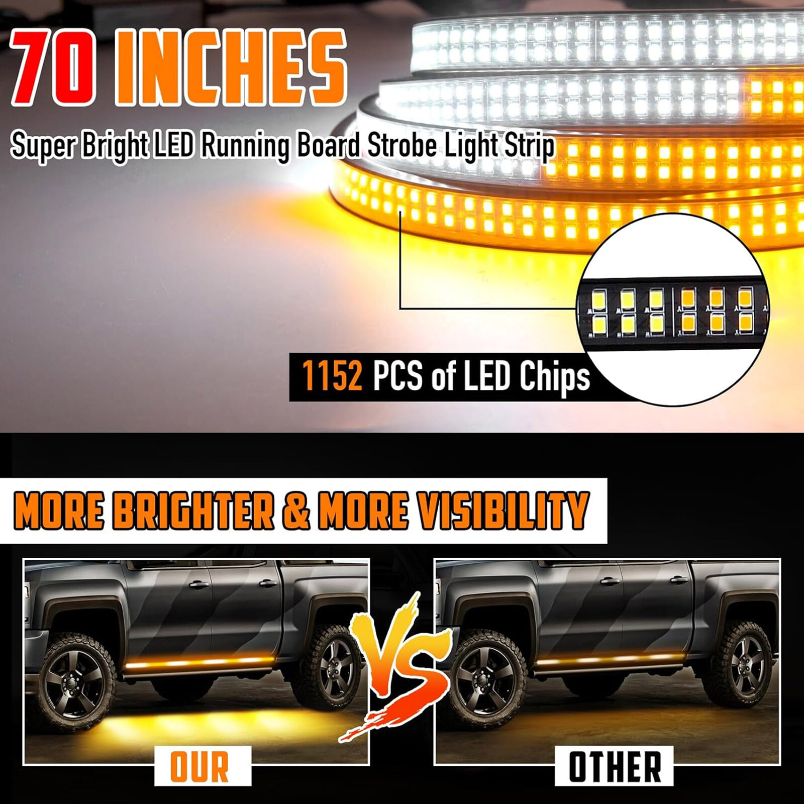 2-in-1 70 inch Emergency Truck Strobe Lights Strip Running Board LED Lights Bar