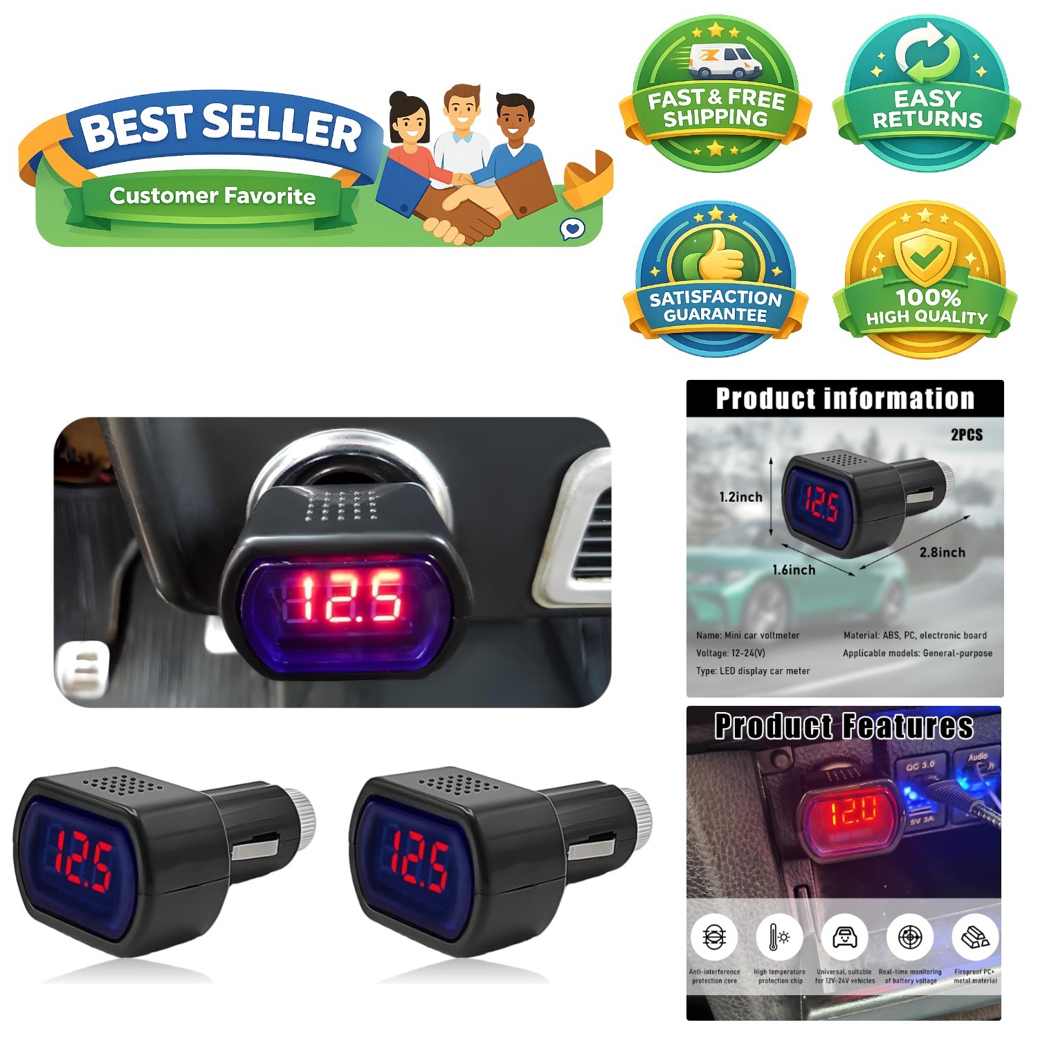 2 PCS DC 12V/24V Digital Voltmeter for Accurate Vehicle Voltage Monitoring