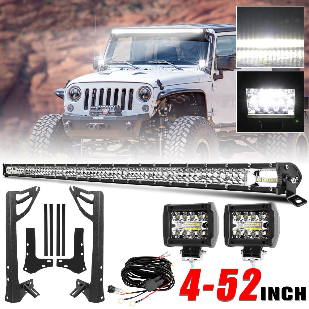 52″ LED Work Light Bar+4″ Light Pods+Mounting Bracket For Jeep Wrangler JK 07-18