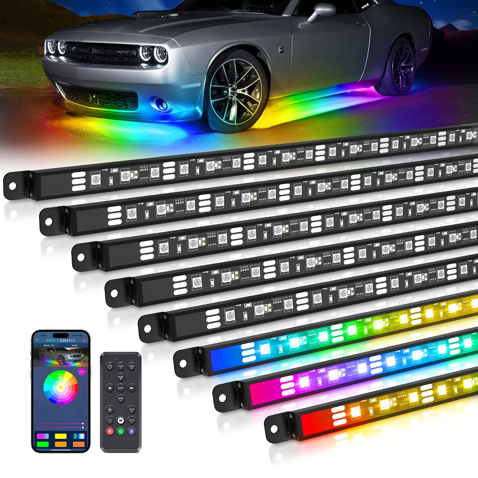 8X RGB-IC Dream Color Underglow LED Light Bar Neon Bluetooth Strip Kit Car Truck