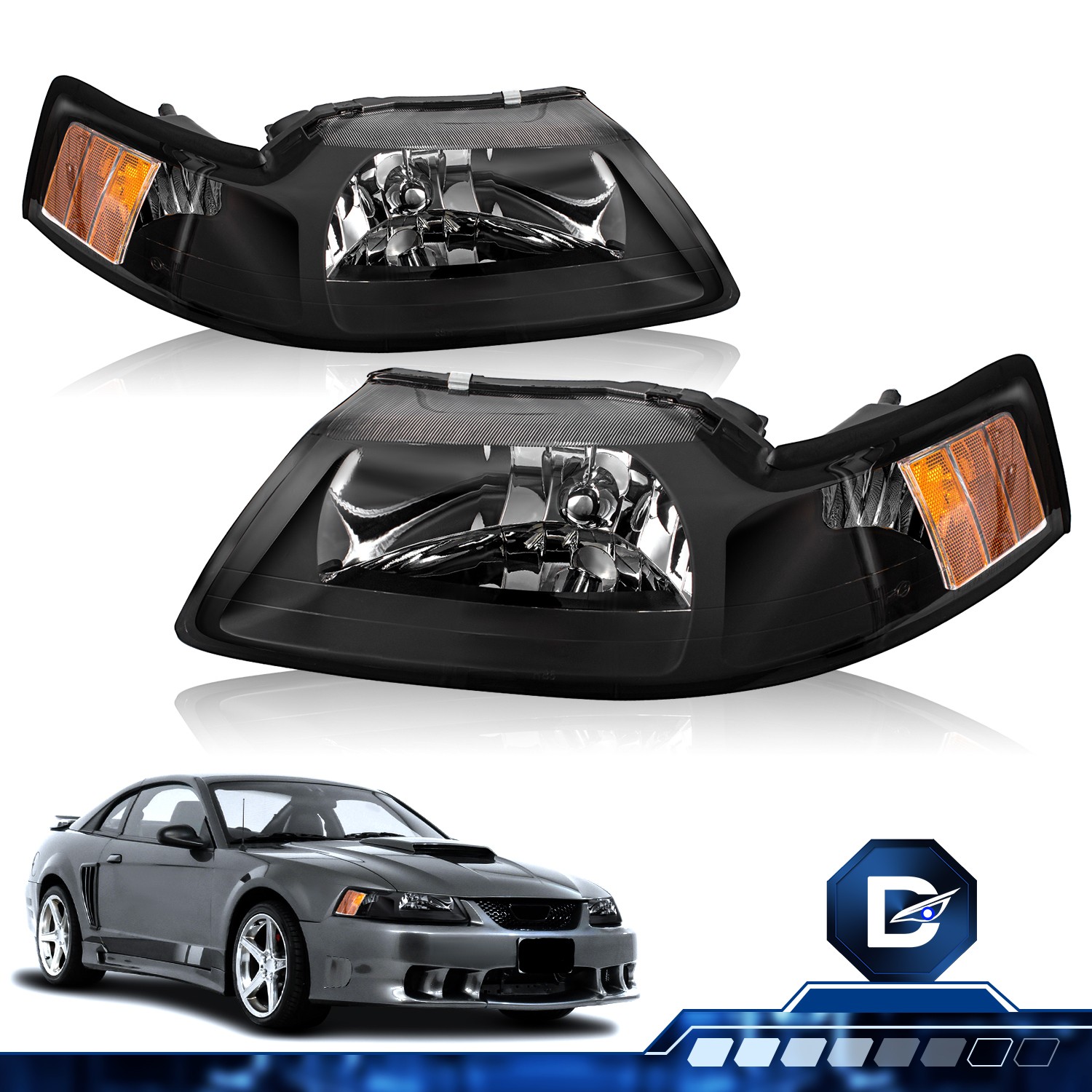 For 1999-2004 Ford Mustang Halogen Black Housing Amber Corner Headlights LH+RH