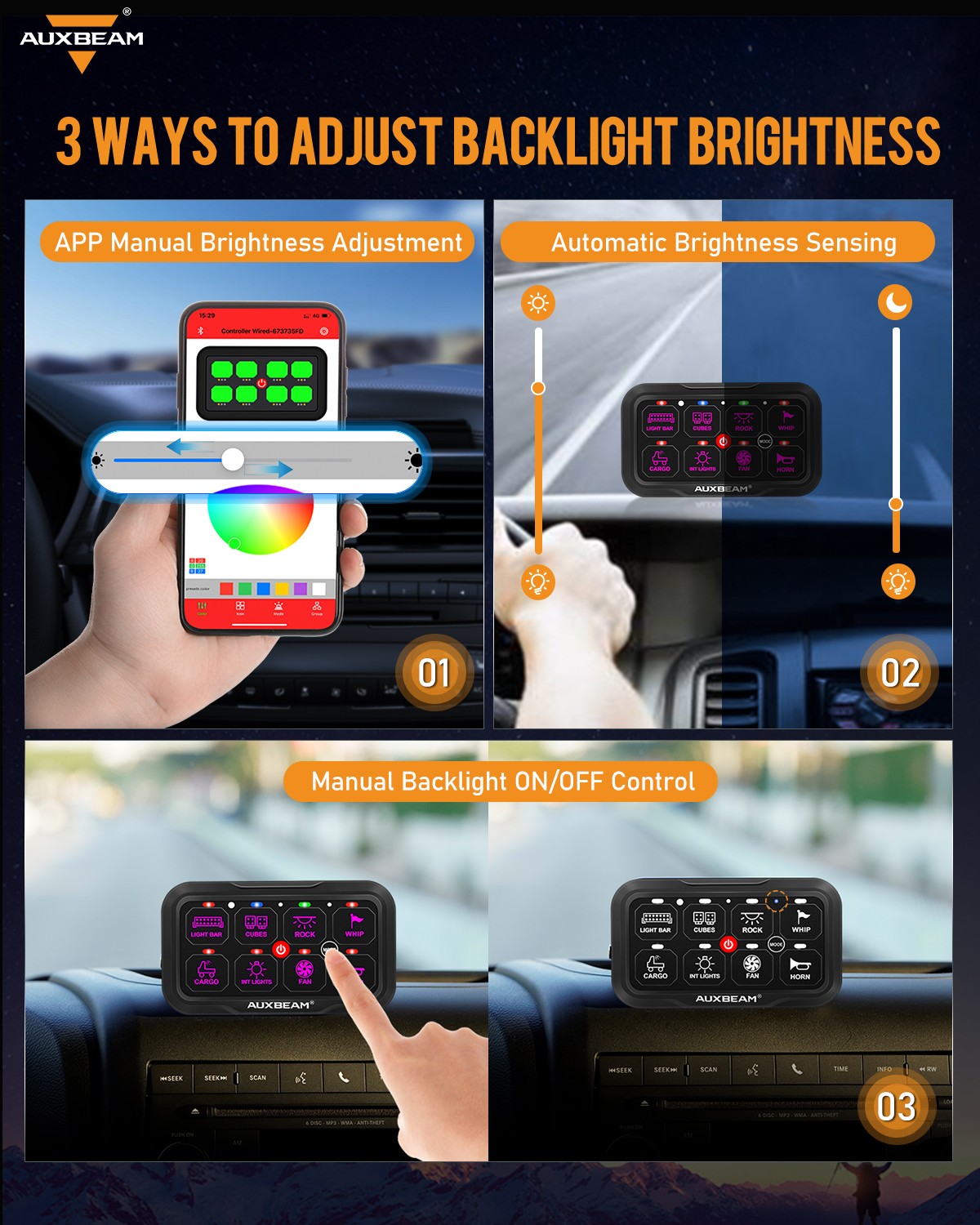 AUXBEAM AR-800 Multifunction 8 Gang RGB Switch Panel for Nissan Pickup Truck SUV