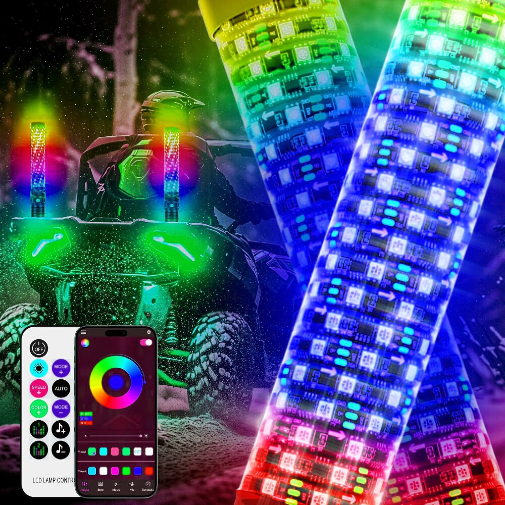 2X 2FT Spiral LED Fat Whip Lights Antenna RGB Chasing For Can-am X3 RZR UTV ATV