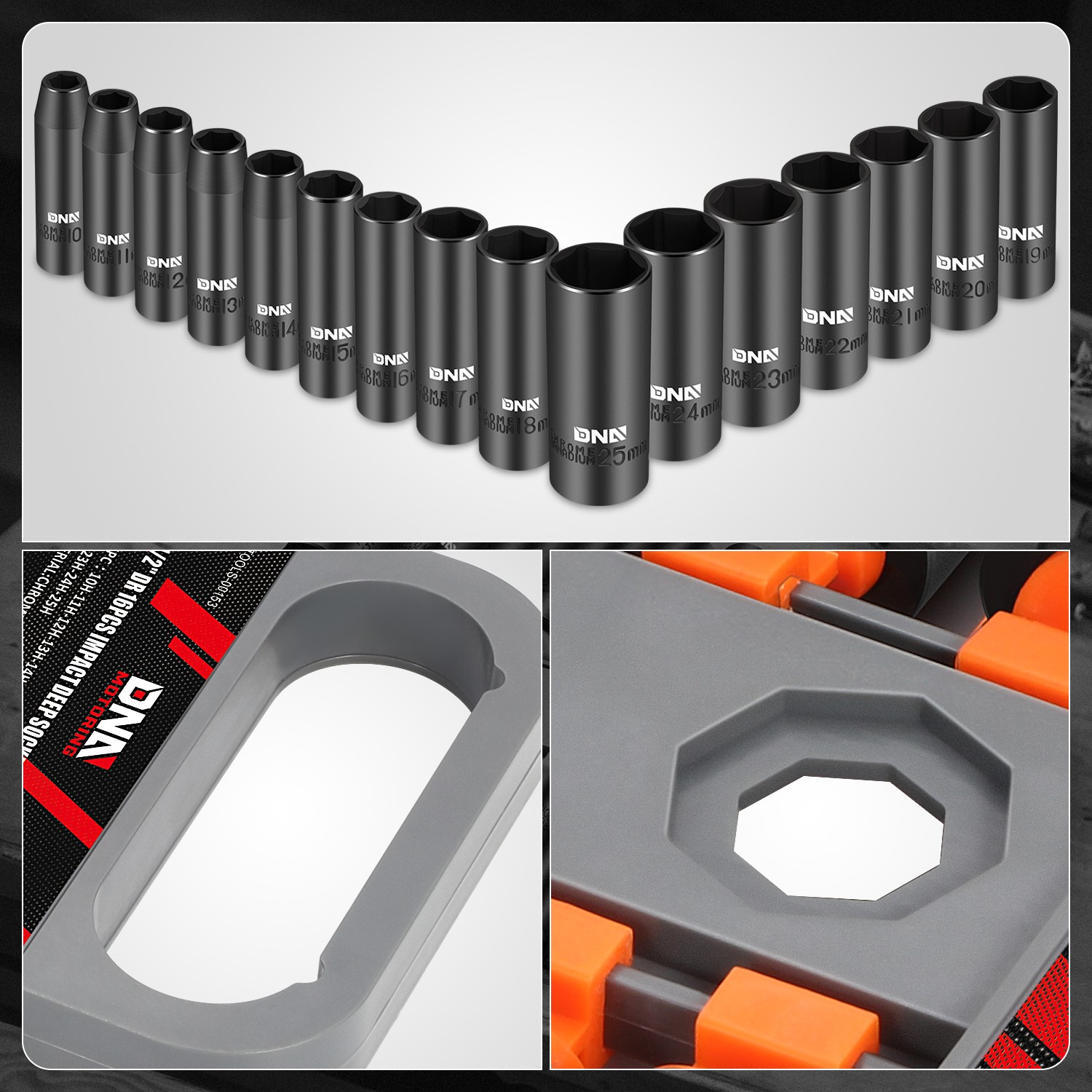 Universal 16Pcs 1/2″ Chrome-Vanadium Steel Drive Metric Deep Impact Socket Set