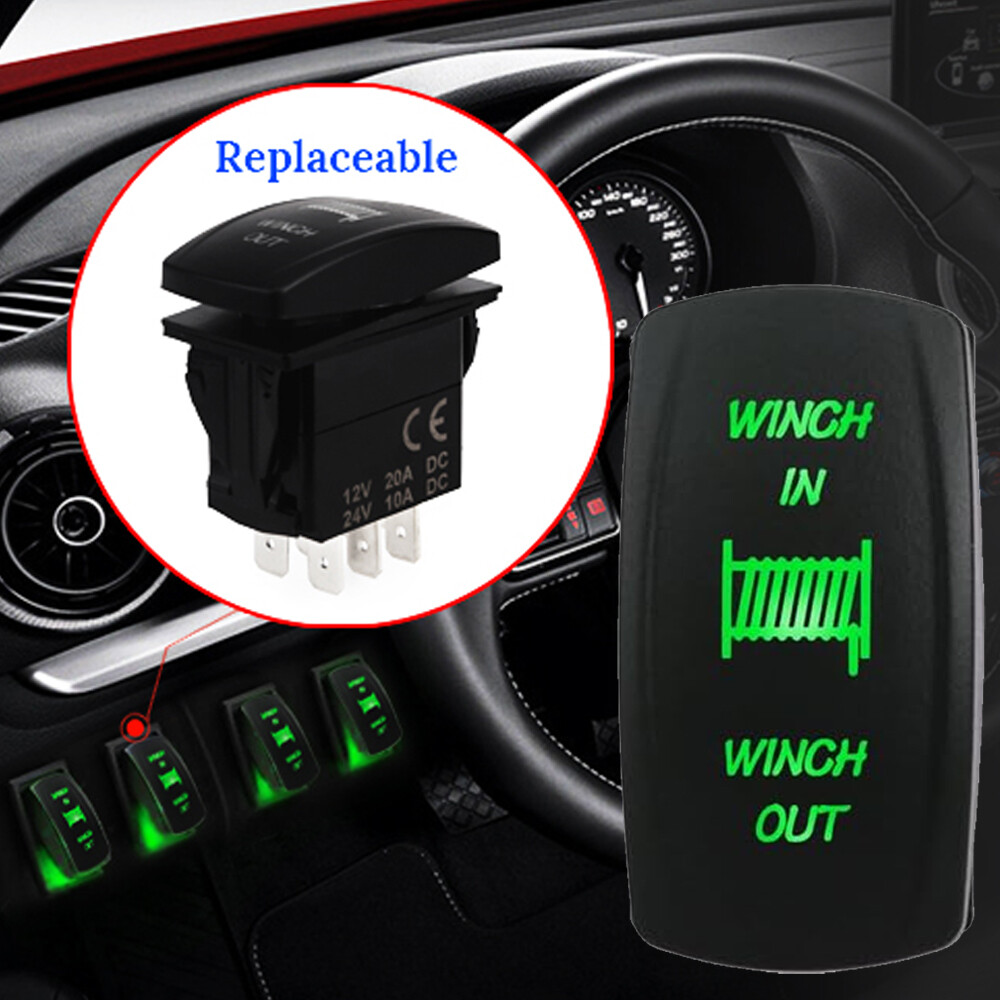 7Pin WINCH IN & OUT Switch Green LED Laser Rocker+Jumper Wire ON-Off-ON DPDT