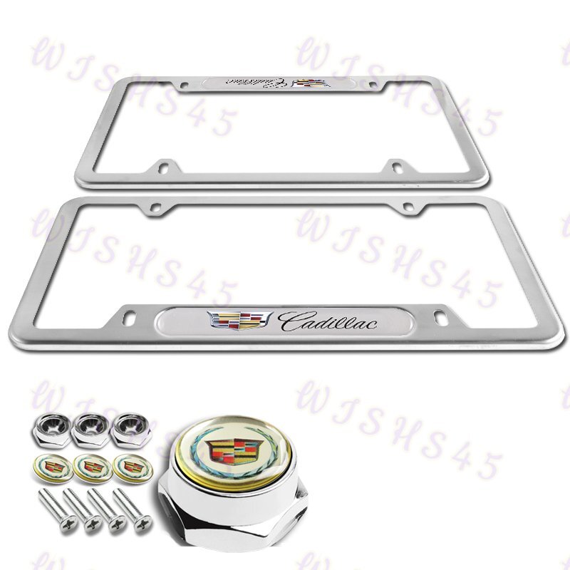 X2 For CADILLAC Silver Metal Stainless Steel License Plate Frame + White Cap Set