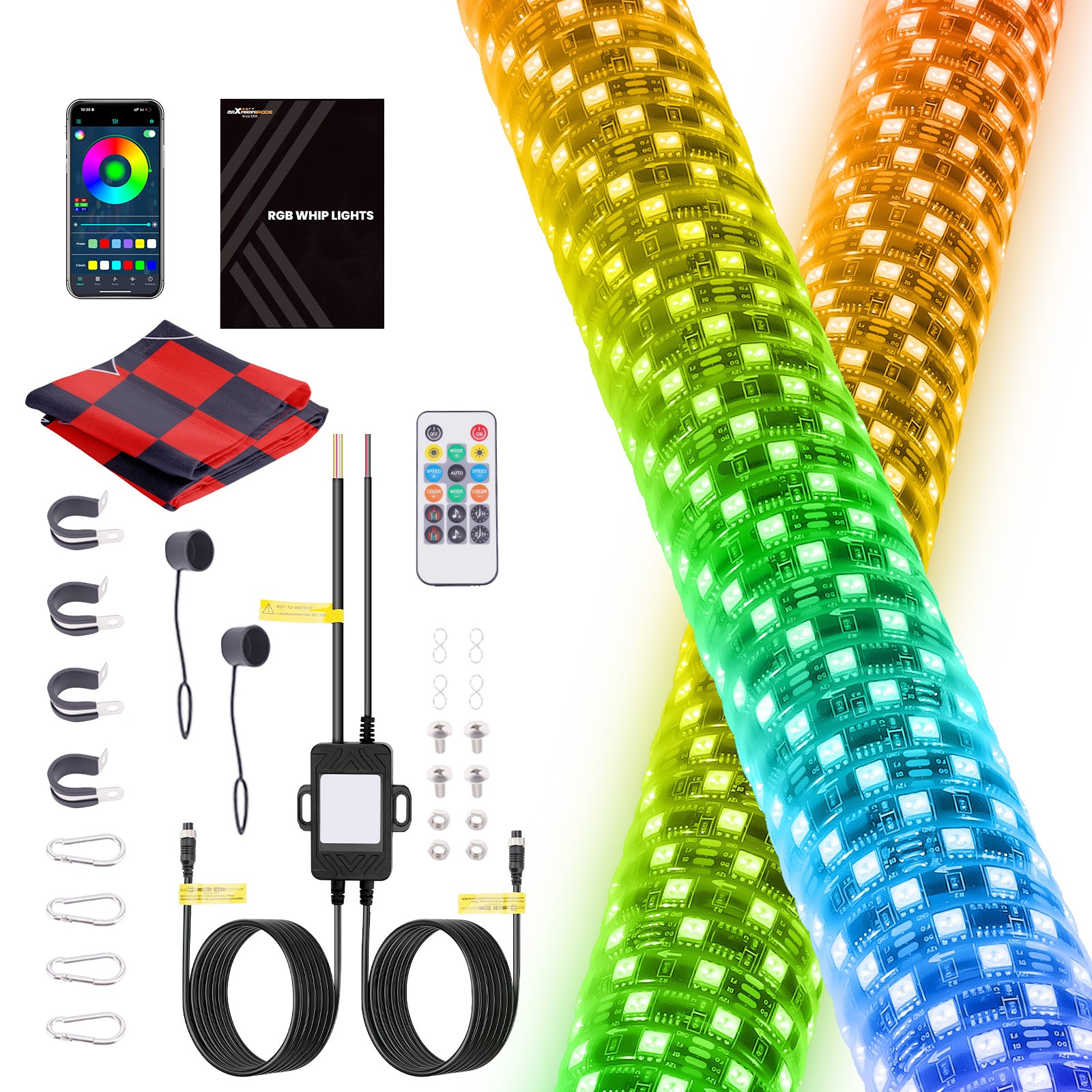 2PCS 2FT Spiral LED Fat Whip Light Antenna RGB Chasing For Can-am X3 RZR UTV ATV