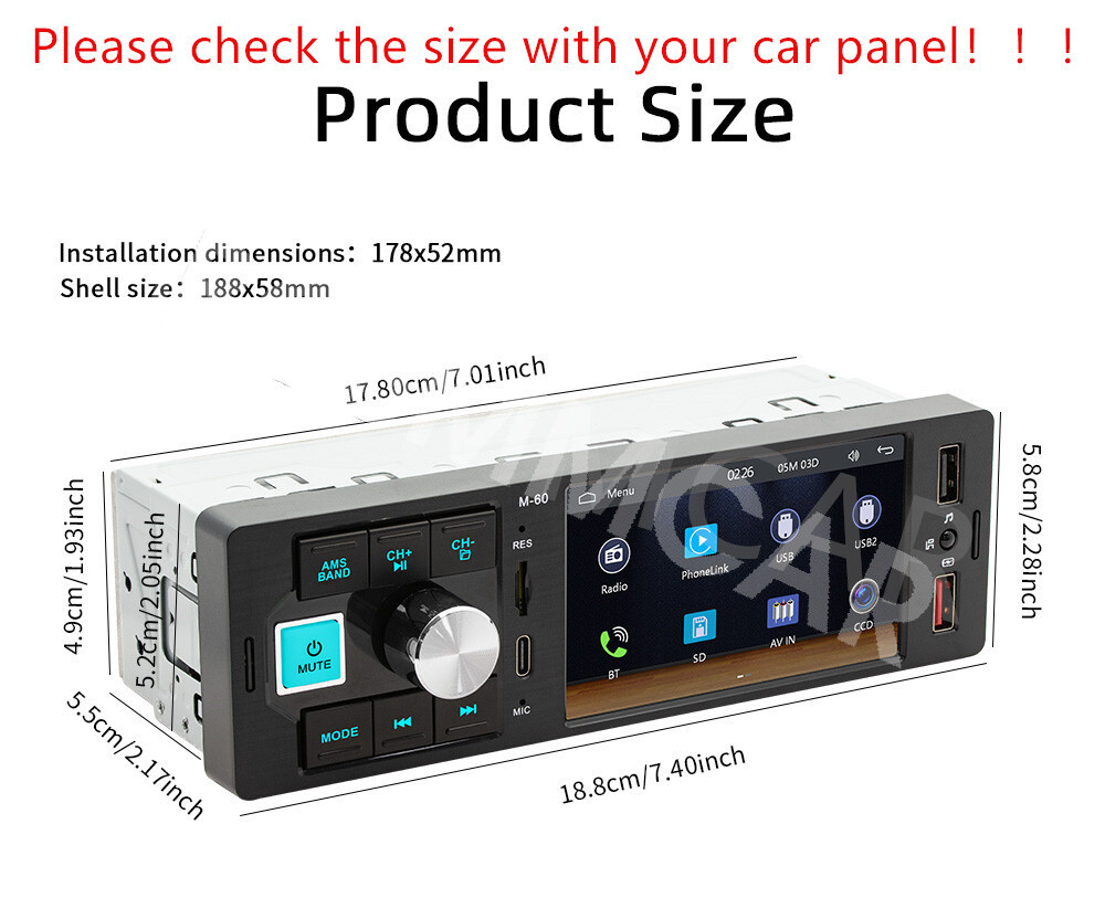 Bluetooth Radio Car Stereo Touch Screen MP5 Player Head Unit Type C USB Charger