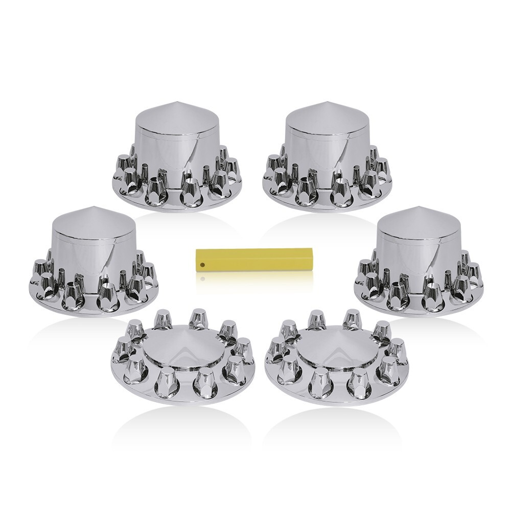 6PCS Chrome Pointed Axle Covers w/ 33mm Standard Lug Nut Covers for Semi Truck