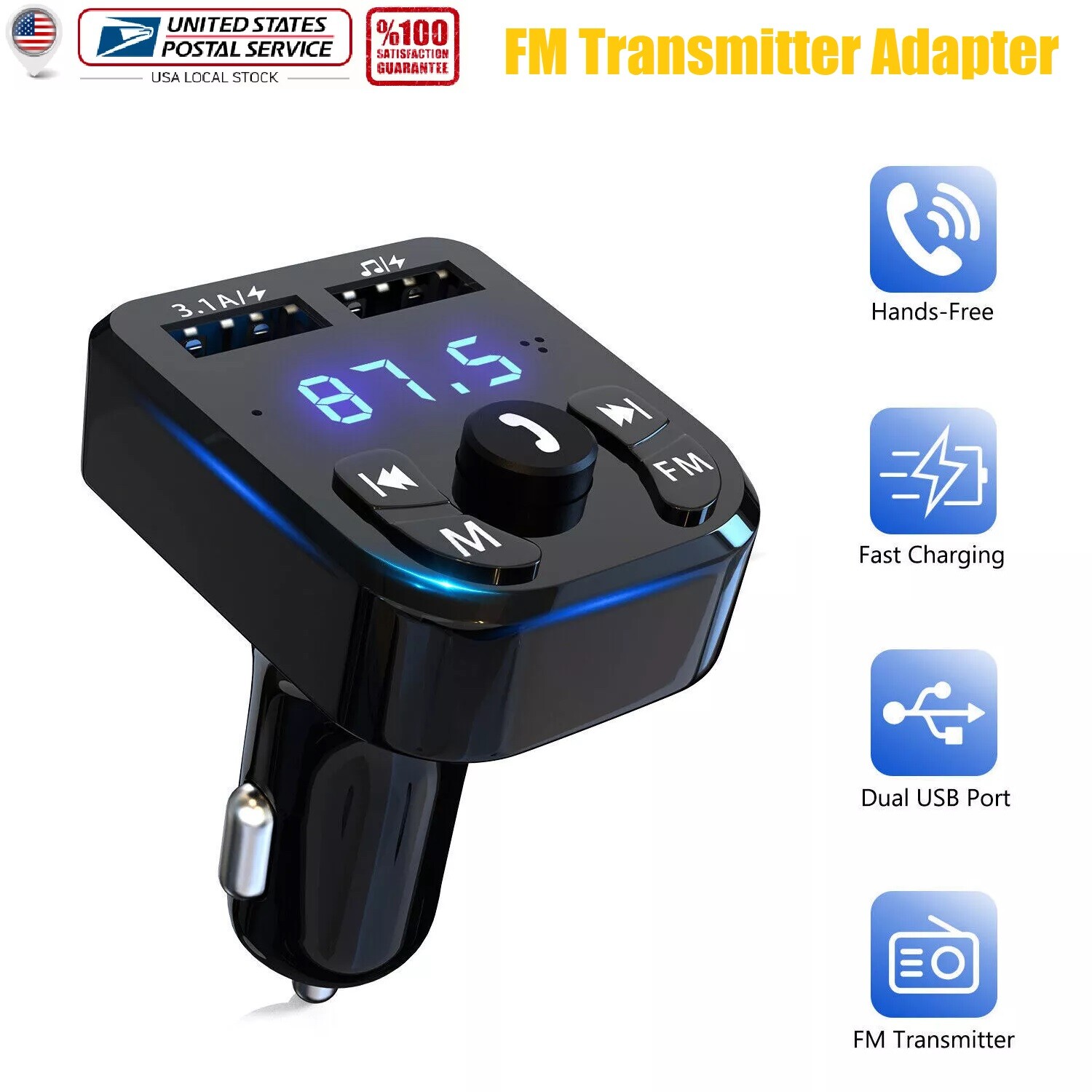 Car Bluetooth 5.0 Wireless FM Transmitter Adapter 2USB PD Charger AUX Hands-Free
