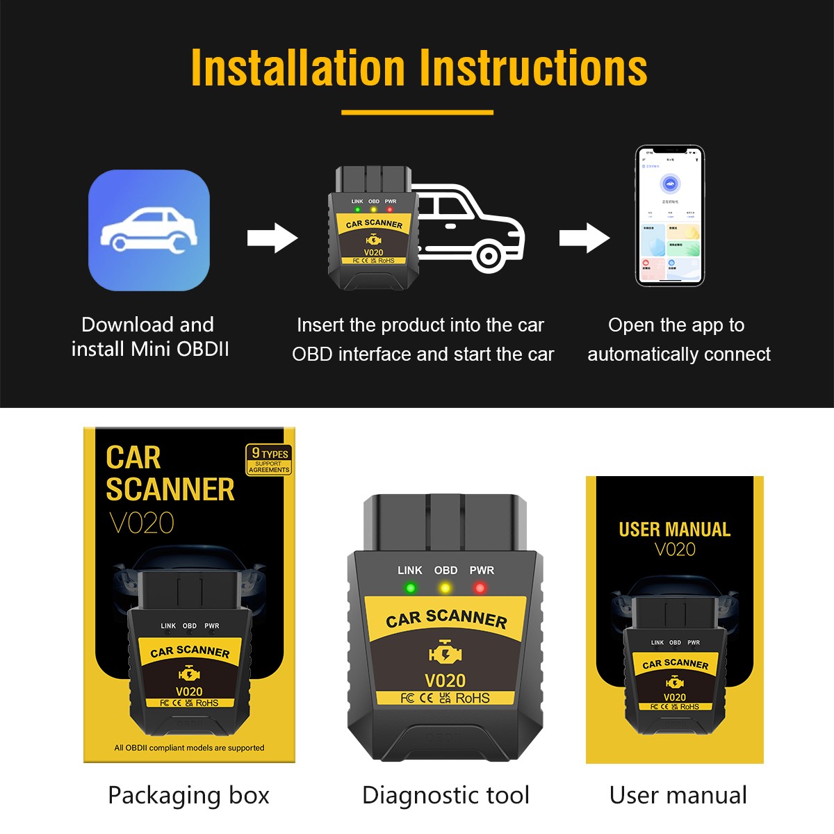 OBD2 Scanner Bluetooth for iPhone Android Wireless Diagnostic Tool Code Reader