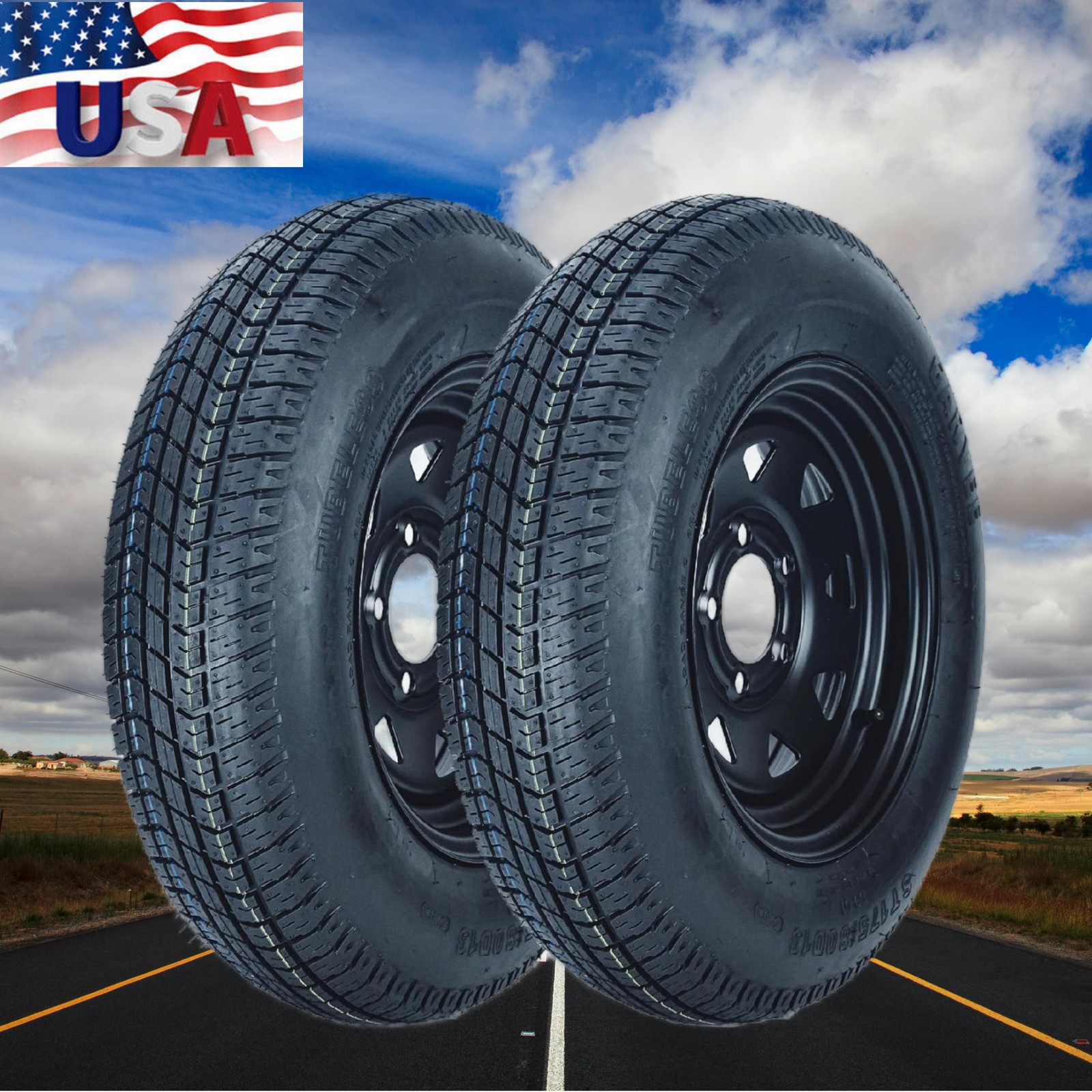 2 Pack ST175/80D13 Trailer Tires with 13″ Rims 175/80 D 13 5 Lug on 4.5 Black