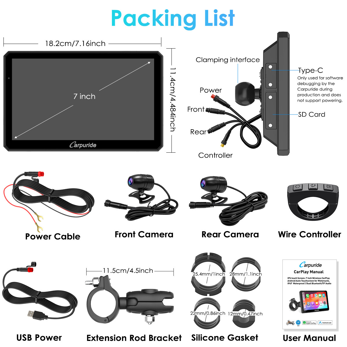 Carpuride W712D Moto Stereo Waterproof Dual Camera Wireless Carplay Android Auto