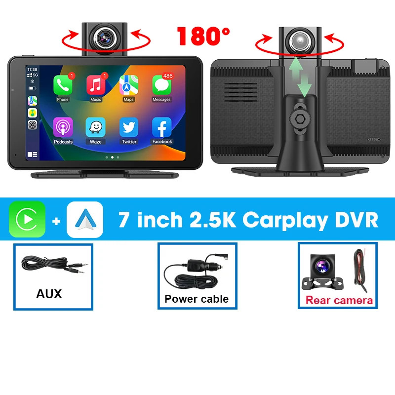 7″ Dash Cam 2.5K DVR Rearview Camera Wireless Carplay&Android GPS Navigation