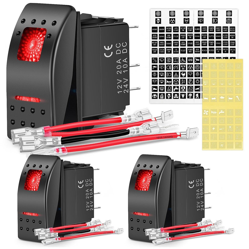 3 Pack Car Rocker Switches 5Pin SPST 20A/12V 10A/24V ON/Off with Jumper Wires