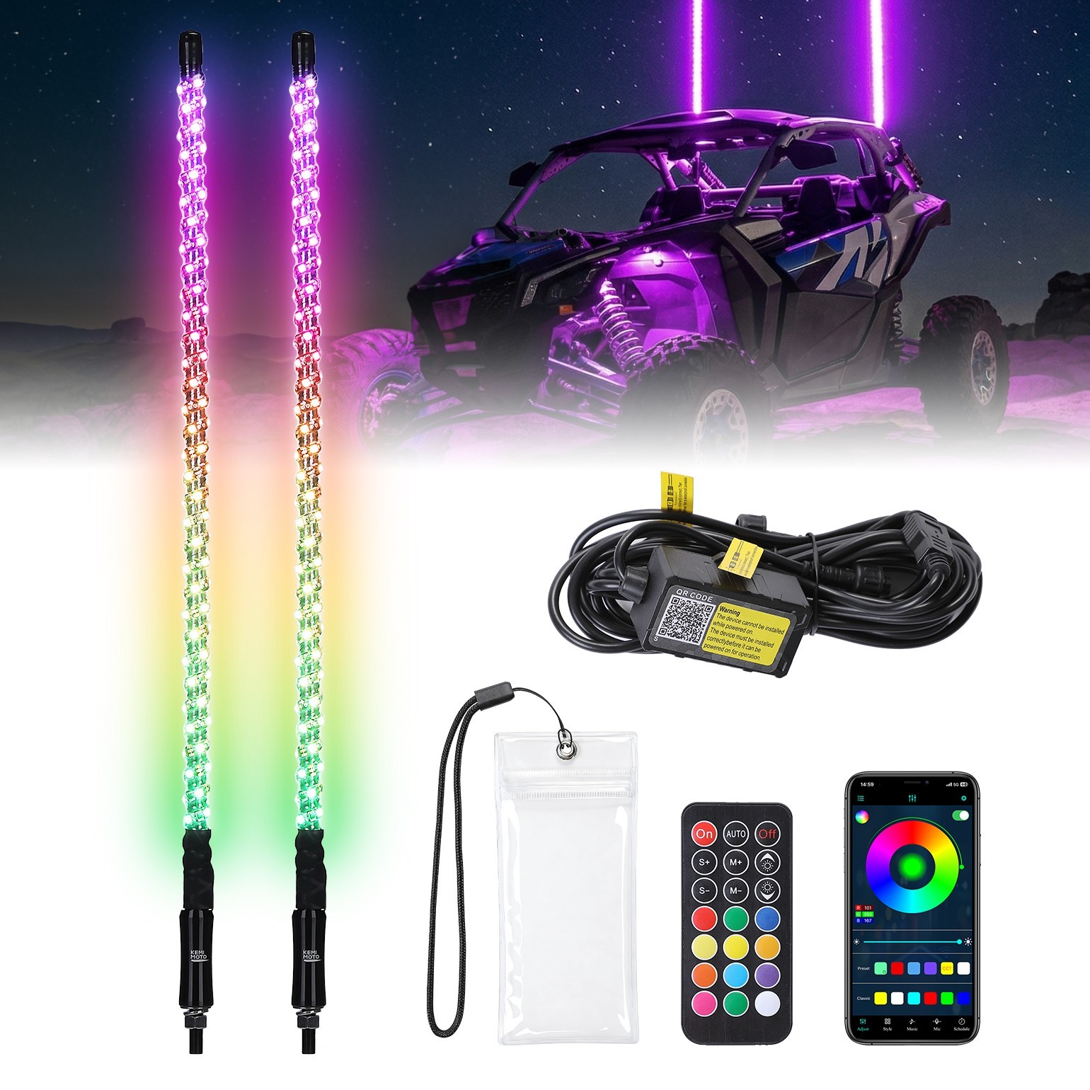2PCS 3FT Spiral Whip Lights LED RGB Antenna Chase Remote&App Control for UTV ATV