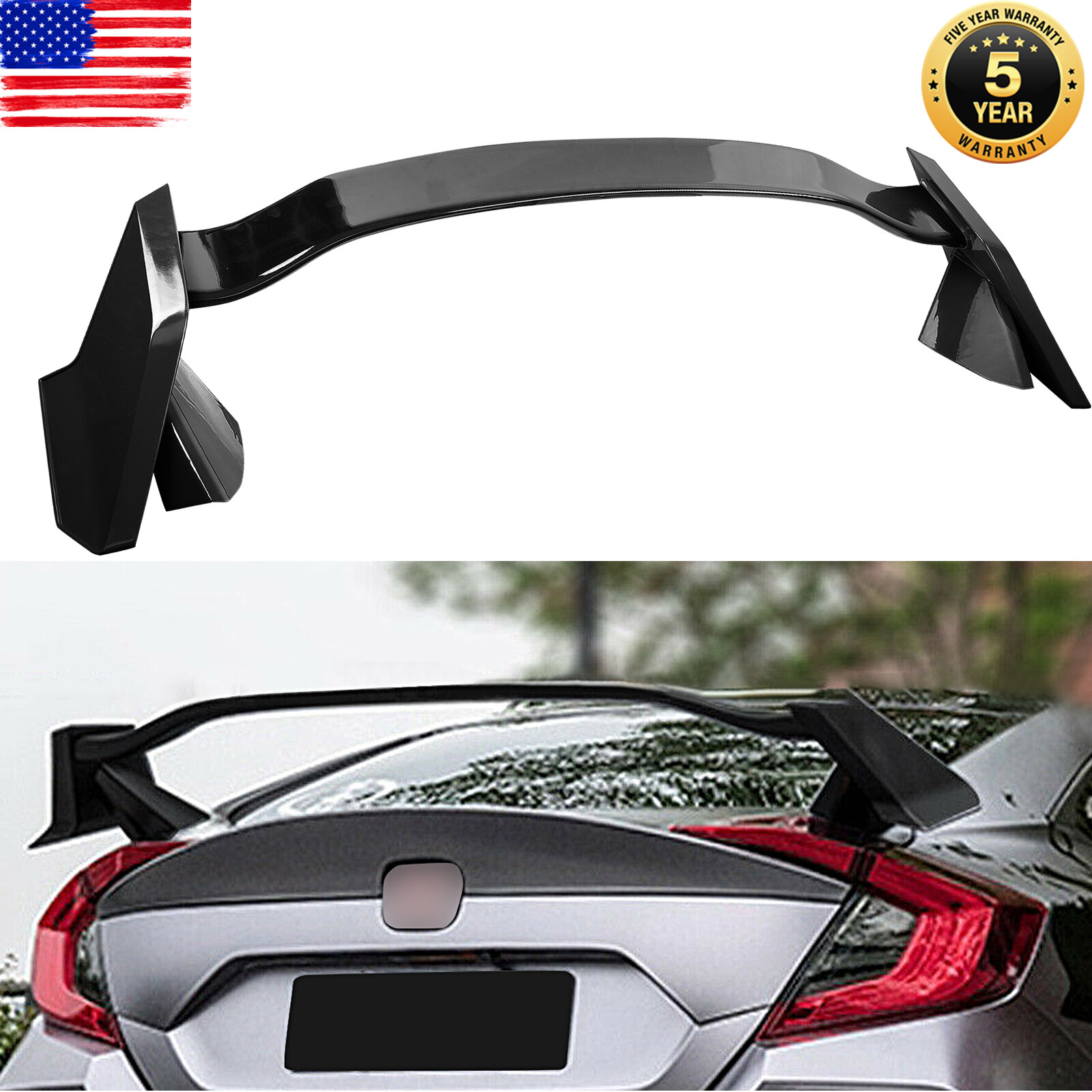 FOR 16-21 HONDA CIVIC 4DR SEDAN GLOSS BLACK TYPE R STYLE REAR TRUNK SPOILER WING