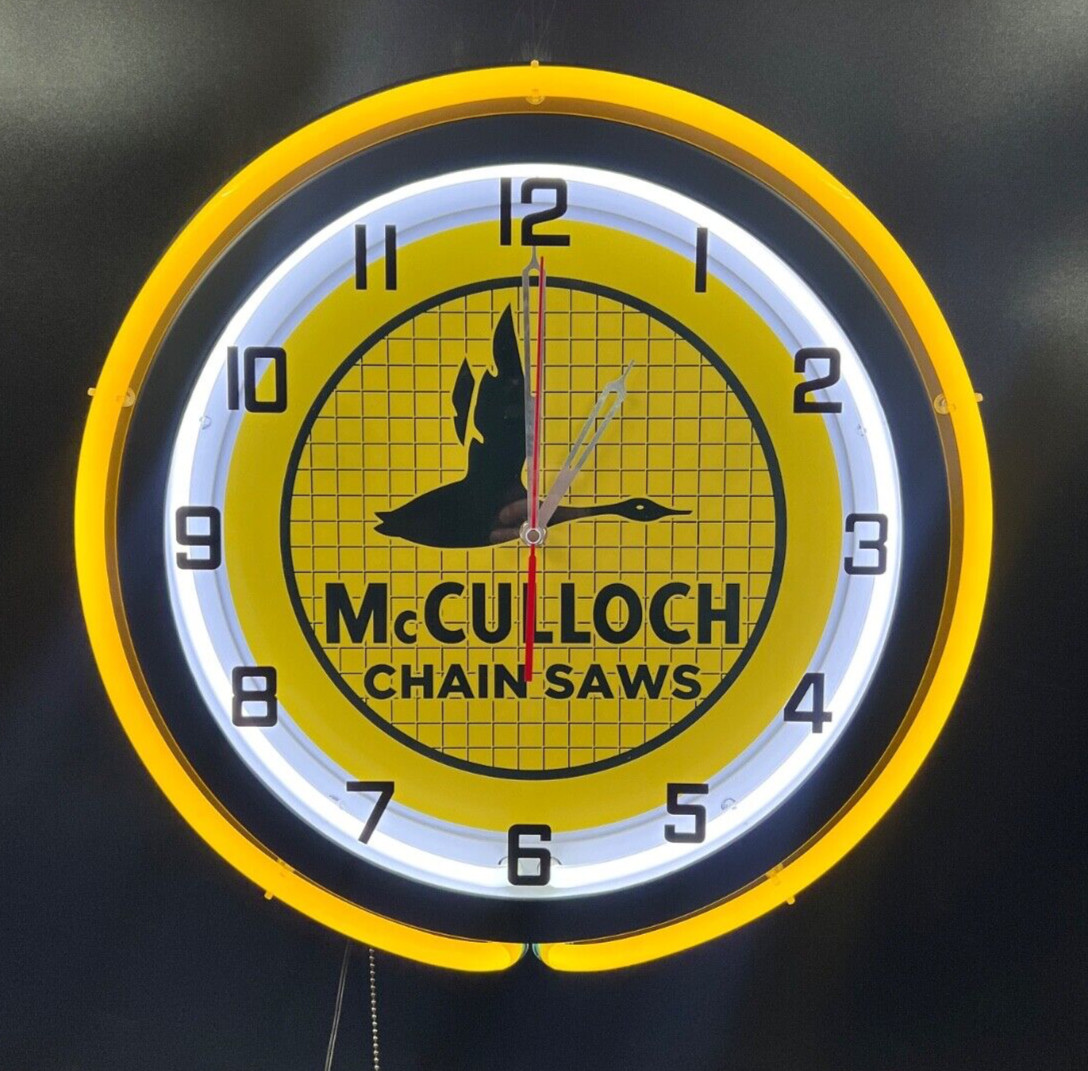 19″ McCULLOCH Chainsaw Matte Black Yellow Double Neon Wall Clock Man Cave