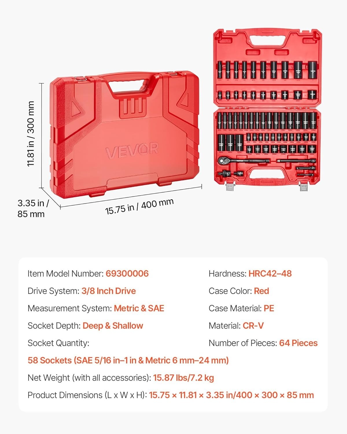 Durable 64-Piece Impact Socket Set – Chrome Vanadium Steel & Easy-Read Markings
