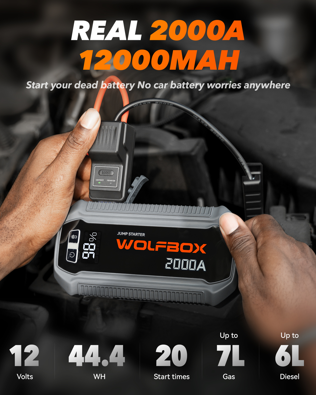 WOLFBOX Portable Car Jump Starter,2000A Battery Charger,SuperSafe Jump Box 2025