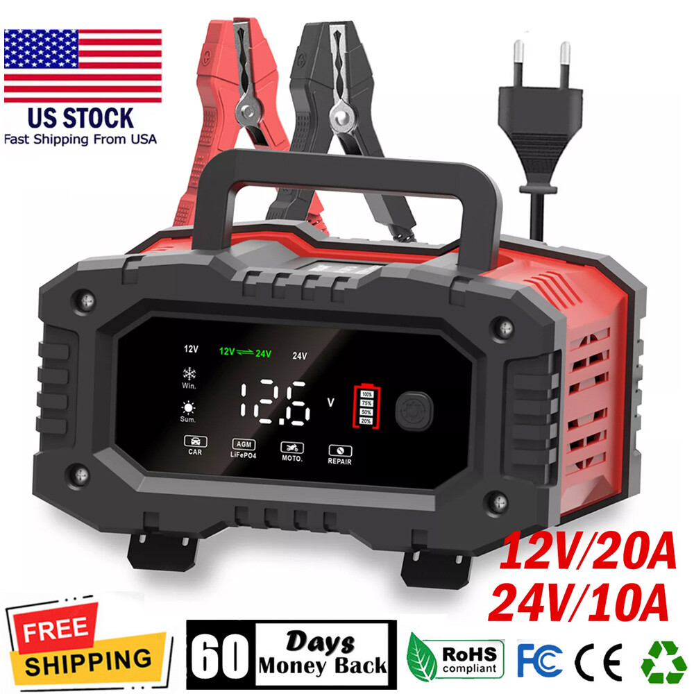 12V-20A 24V-10A Car Battery Charger Car Smart Repair Motorcycle Caravan Boat US