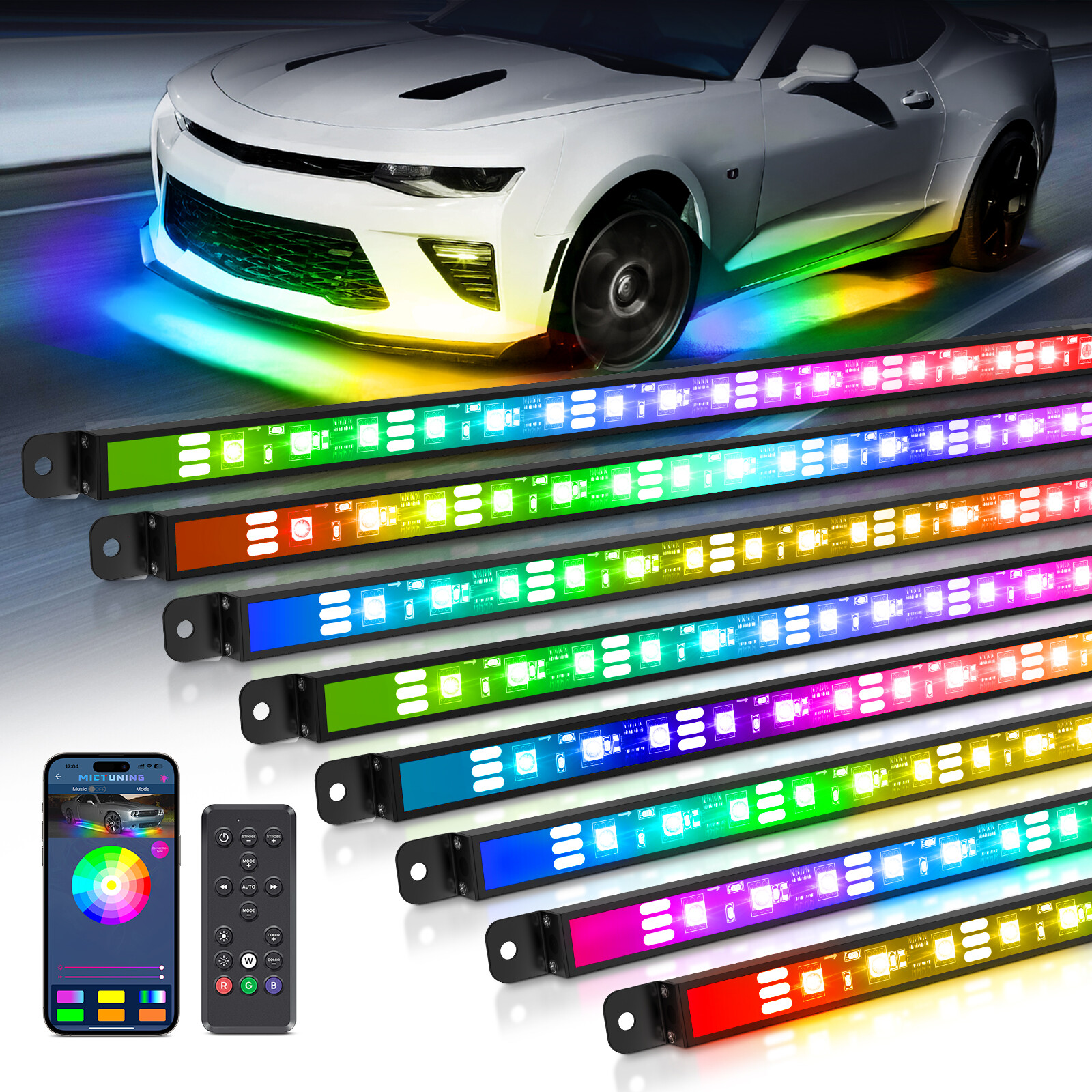 MICTUNING Wireless Car Underglow Led Light Bar Chasing Color, RGB+IC LED Lights