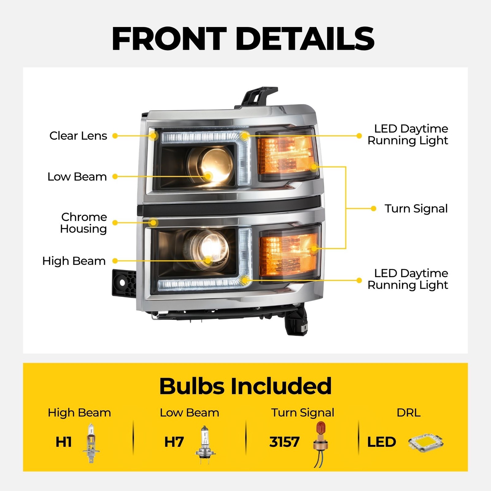 Chrome LED DRL Projector Headlights for 2014-2015 Chevrolet Silverado 1500 L+R