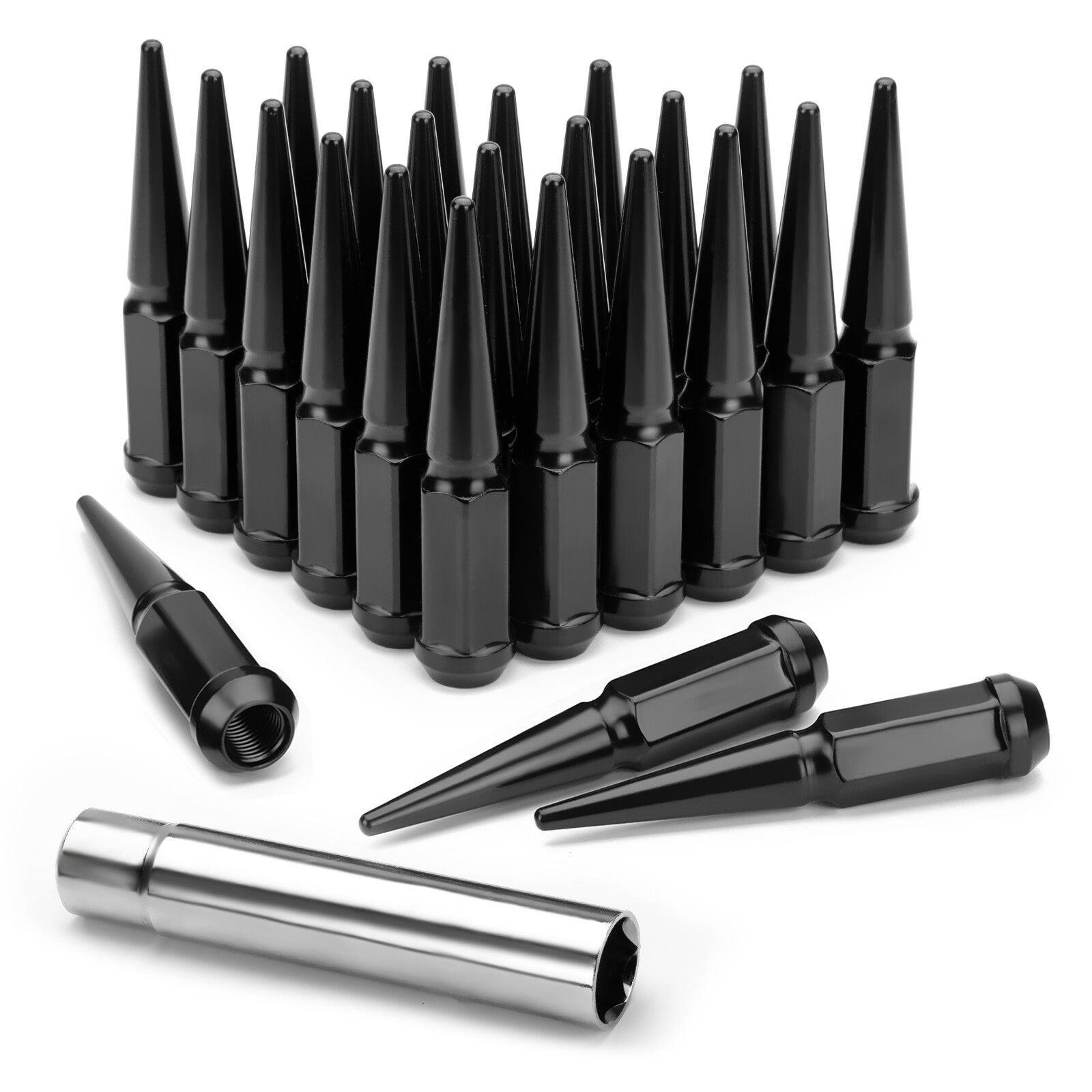 24 PCS black Spike Lug Nuts 14×1.5 For Chevy Silverado Tahoe 4.4″ Tall w/ Key US